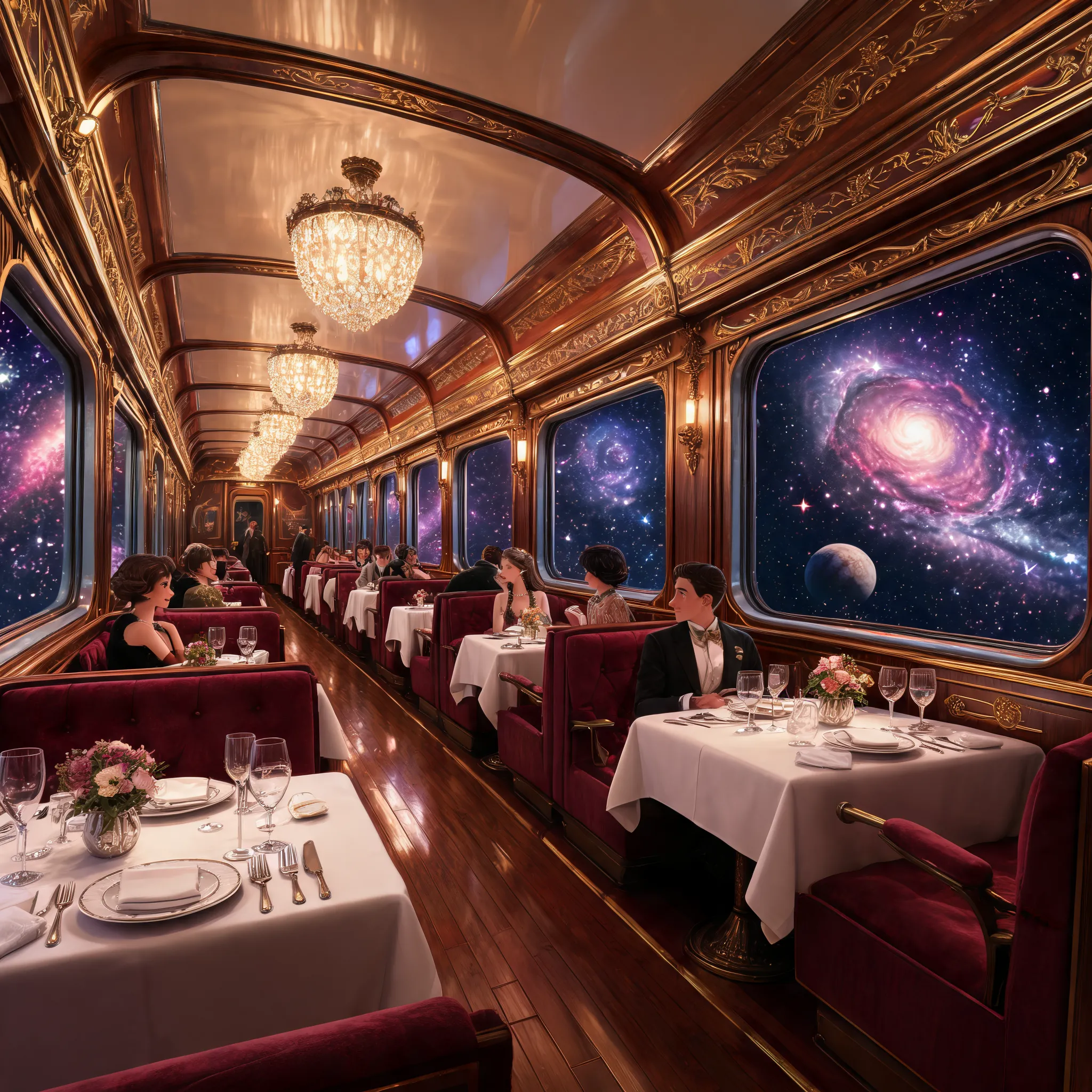 Luxury dining car on the galaxy train, 3D animated scene