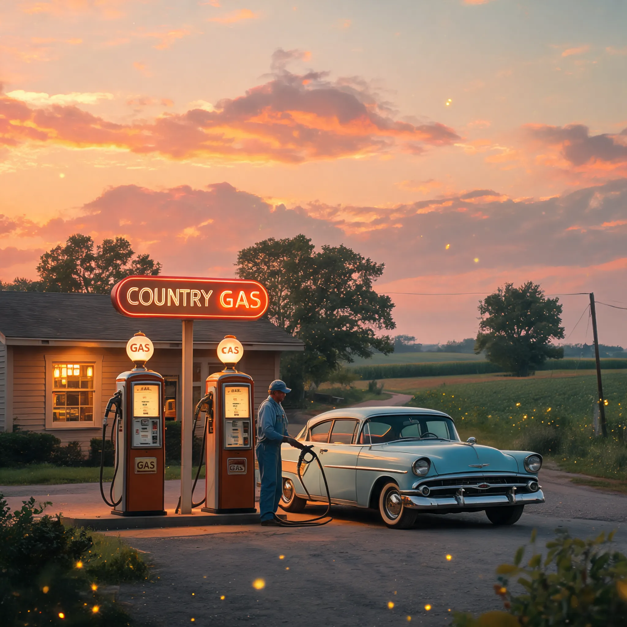 Rural gas station at dusk, a vintage car being refueled