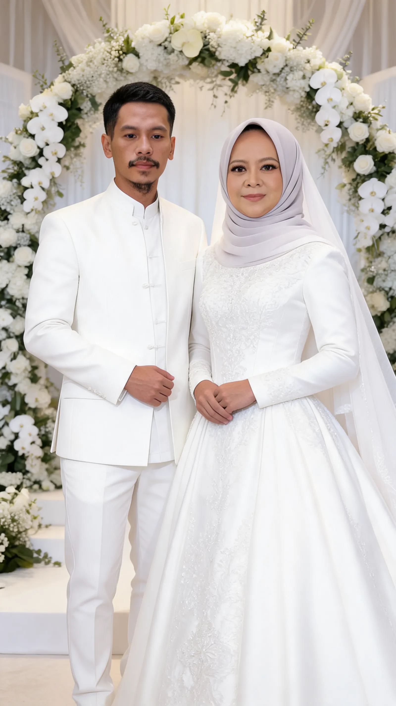 PROMPT UTAMA — ULTRA-REALISTIC LUXURY WHITE ISLAMIC WEDDING Gunakan foto referensi yang diunggah sebagai acuan utama dan wajib. Buat ulang foto pasangan pengantin dengan hasil photorealistic, ultra-realistic, high-end luxury wedding photography, seperti hasil pemotretan fotografer profesional di dunia nyata. 1. IDENTITAS WAJAH — PRIORITAS MUTLAK Pertahankan wajah asli kedua orang dari foto referensi semaksimal mungkin dan jangan menciptakan wajah baru. Pertahankan secara konsisten: - bentuk dan struktur wajah - bentuk kepala - mata, ukuran, jarak, dan arah pandangan - bentuk alis - hidung dan proporsinya - bentuk bibir - rahang dan dagu - warna dan tekstur kulit - karakter wajah masing-masing - usia visual - proporsi kepala terhadap tubuh - ekspresi natural - karakteristik unik wajah Jangan melakukan face swap yang mengubah identitas. Jangan membuat wajah menjadi seperti model lain. Jangan membuat wajah terlalu sempurna atau plastik. Wajah pria dan wanita harus tetap terlihat seperti orang yang sama dengan foto referensi. 2. KOMPOSISI FOTO Buat komposisi full-body wedding portrait, menampilkan pasangan dari kepala hingga ujung kaki. Pasangan berdiri berdampingan di tengah frame: - pria sedikit berada di belakang sisi kiri - wanita berada sedikit di depan sisi kanan - keduanya menghadap kamera - tubuh terlihat natural dan proporsional - pose elegan, tenang, romantis - pria berdiri tegap dengan kedua tangan berada secara natural di depan tubuh - wanita berdiri anggun dengan kedua tangan berada di bagian depan pinggang - tangan dan jari harus anatomis, lengkap, natural, tidak bengkok - jarak tubuh pasangan terlihat natural - jangan membuat tubuh terlalu kurus atau terlalu tinggi - pertahankan proporsi tubuh sesuai foto referensi Gunakan framing seperti professional bridal editorial photography, dengan pasangan menjadi fokus utama. 3. PENGANTIN PRIA Pria mengenakan busana pengantin muslim modern serba putih yang sangat elegan. Detail: - jas/koko penganti