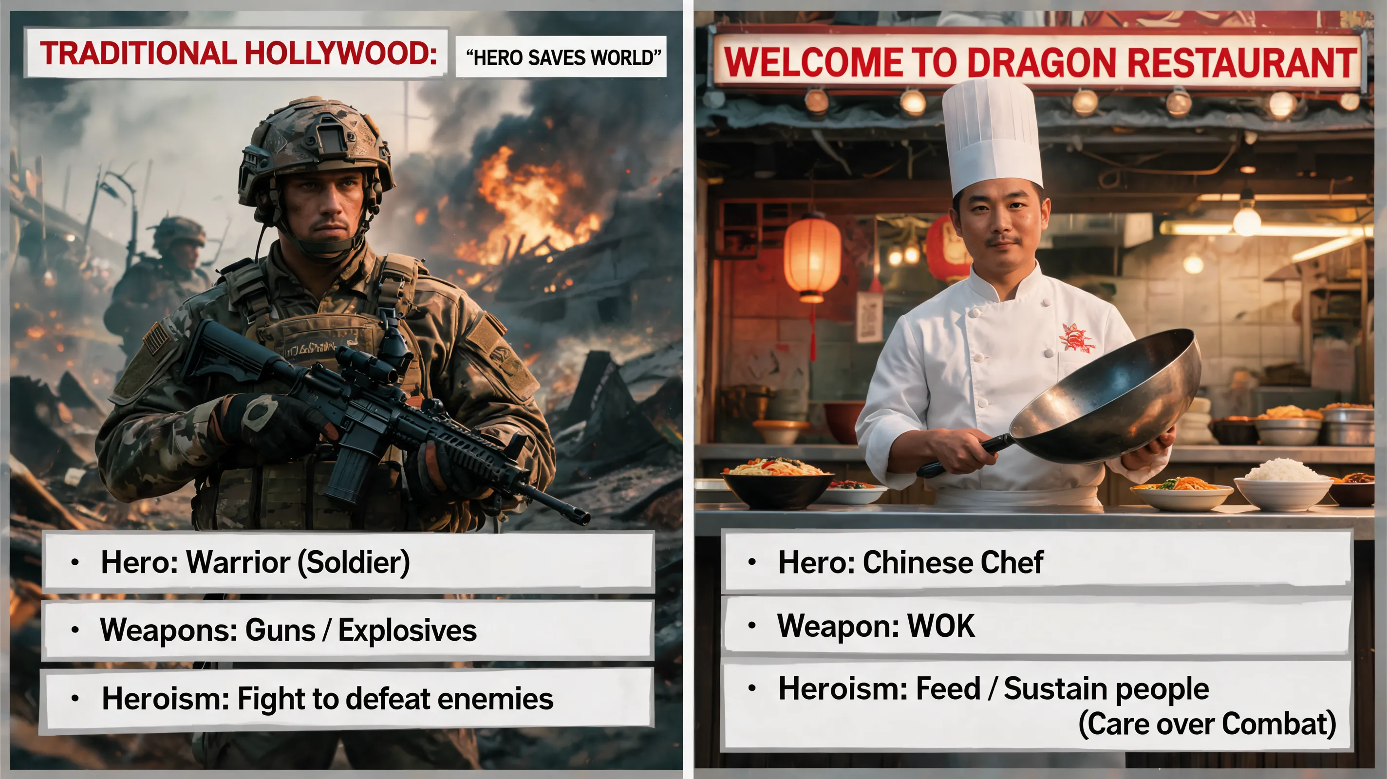 Analyze how Welcome to Dragon Restaurant subverts Hollywood's "hero saves the world" narrative by centering on a Chinese chef whose only weapon is a wok. How does this shift from "warrior" to "cook" redefine heroism in a war zone?