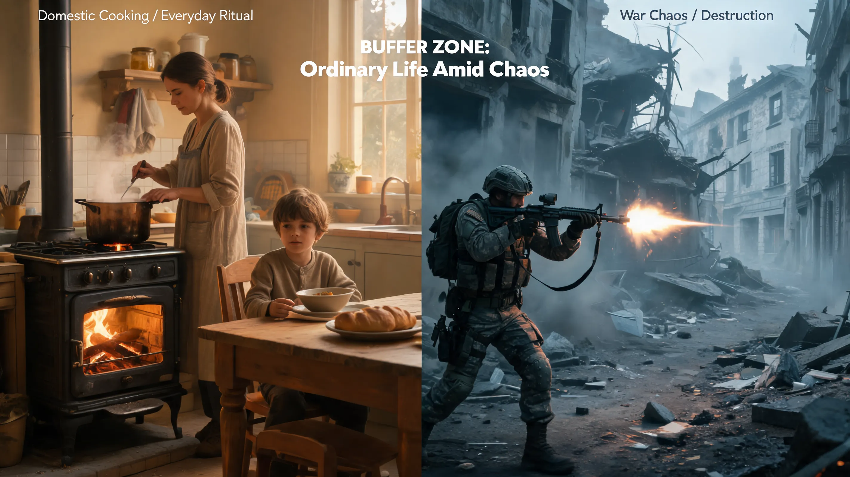 Examine the film's use of "fire" as a dual symbol—the "stove fire" of cooking versus the "gunfire" of war. How do these contrasting elements create a "buffer zone" of ordinary life in the midst of chaos, and what does the film suggest about the value of everyday rituals?