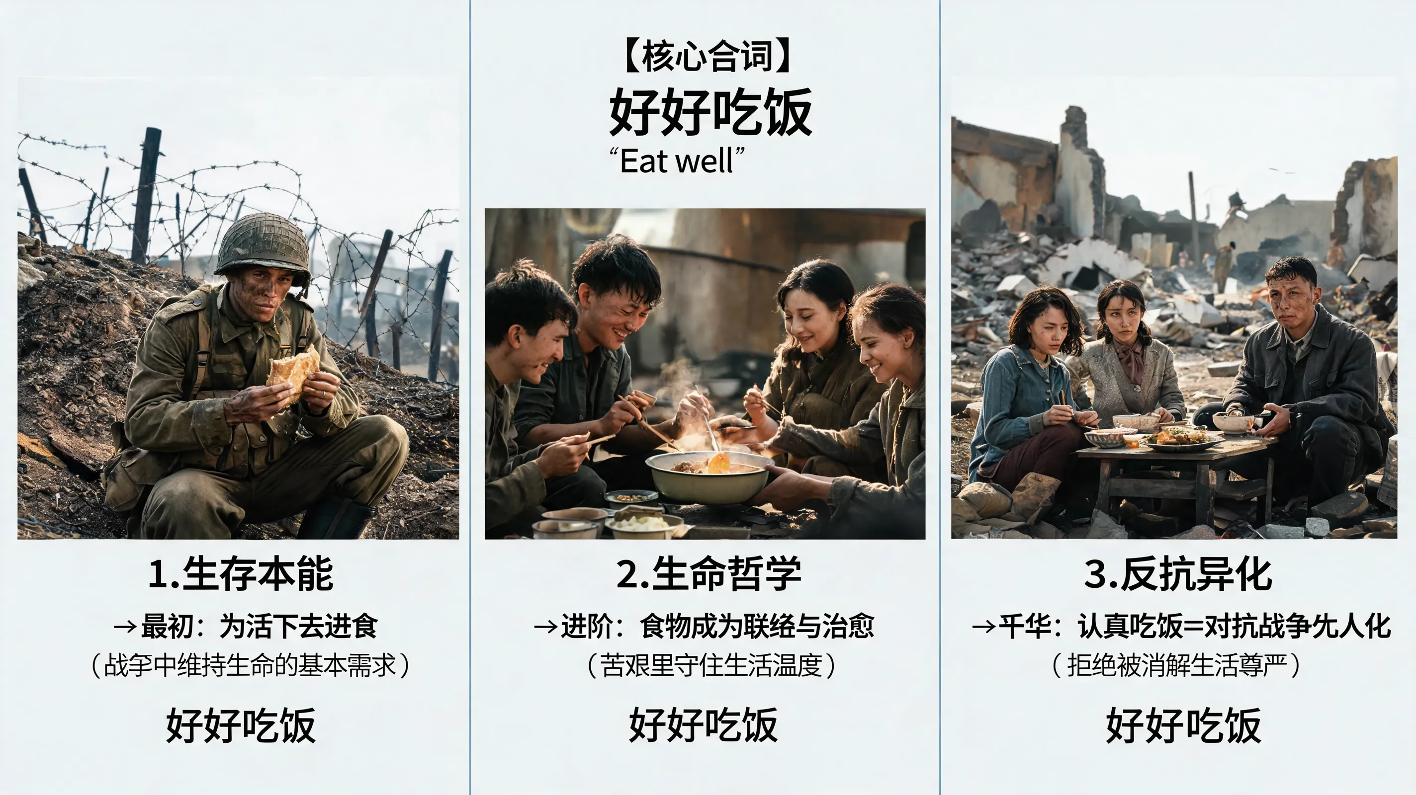 The film frequently repeats the phrase "Eat well" (好好吃饭). Discuss how this simple act evolves from a basic survival instinct into a profound life philosophy and an act of resistance against the dehumanization of war.