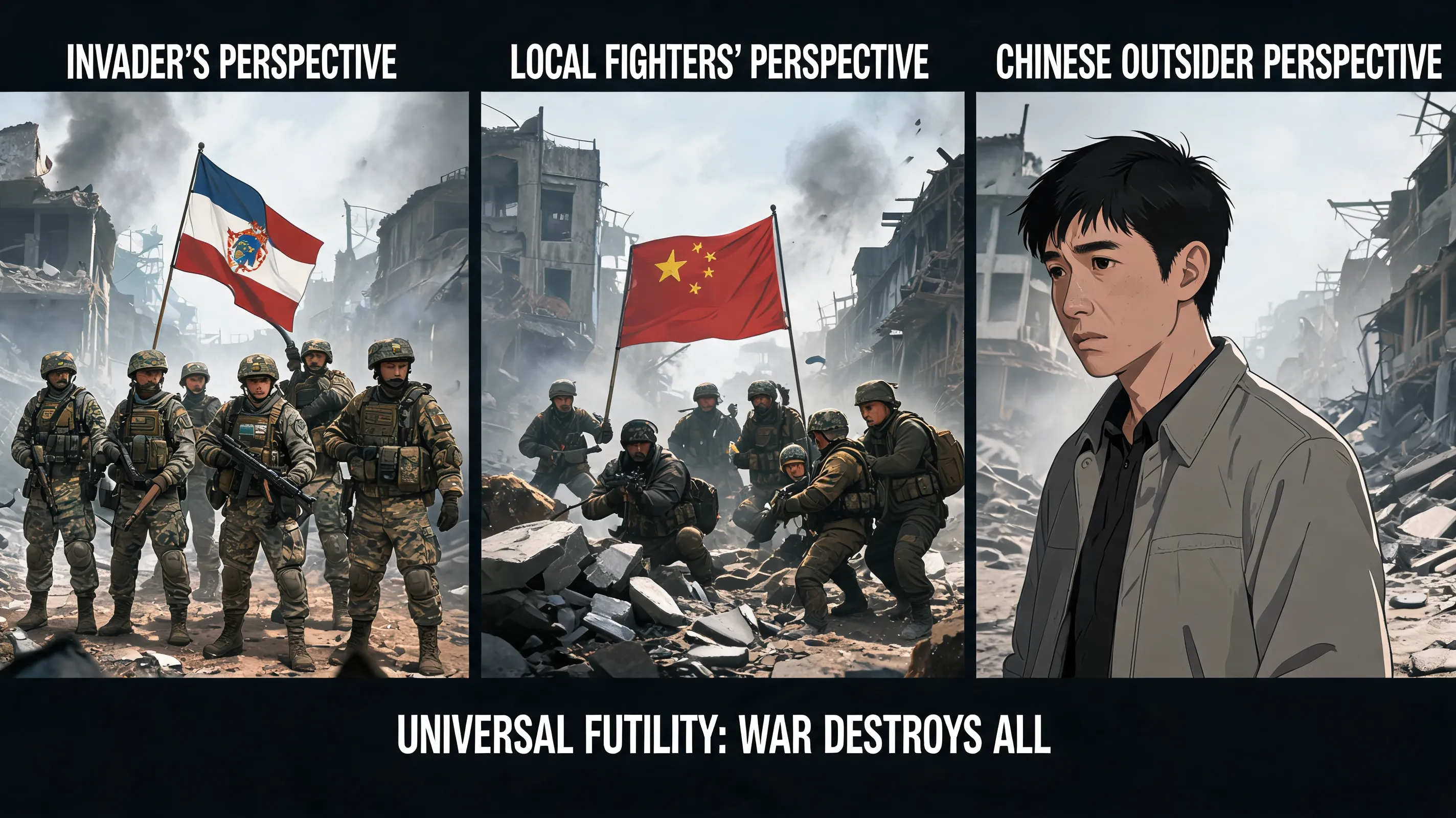Explore the film's unique "third-party perspective" on war. Unlike films that take the side of either the invaders or the local fighters, how does viewing the conflict through a Chinese outsider's eyes offer a fresh and more universal commentary on the futility of war?