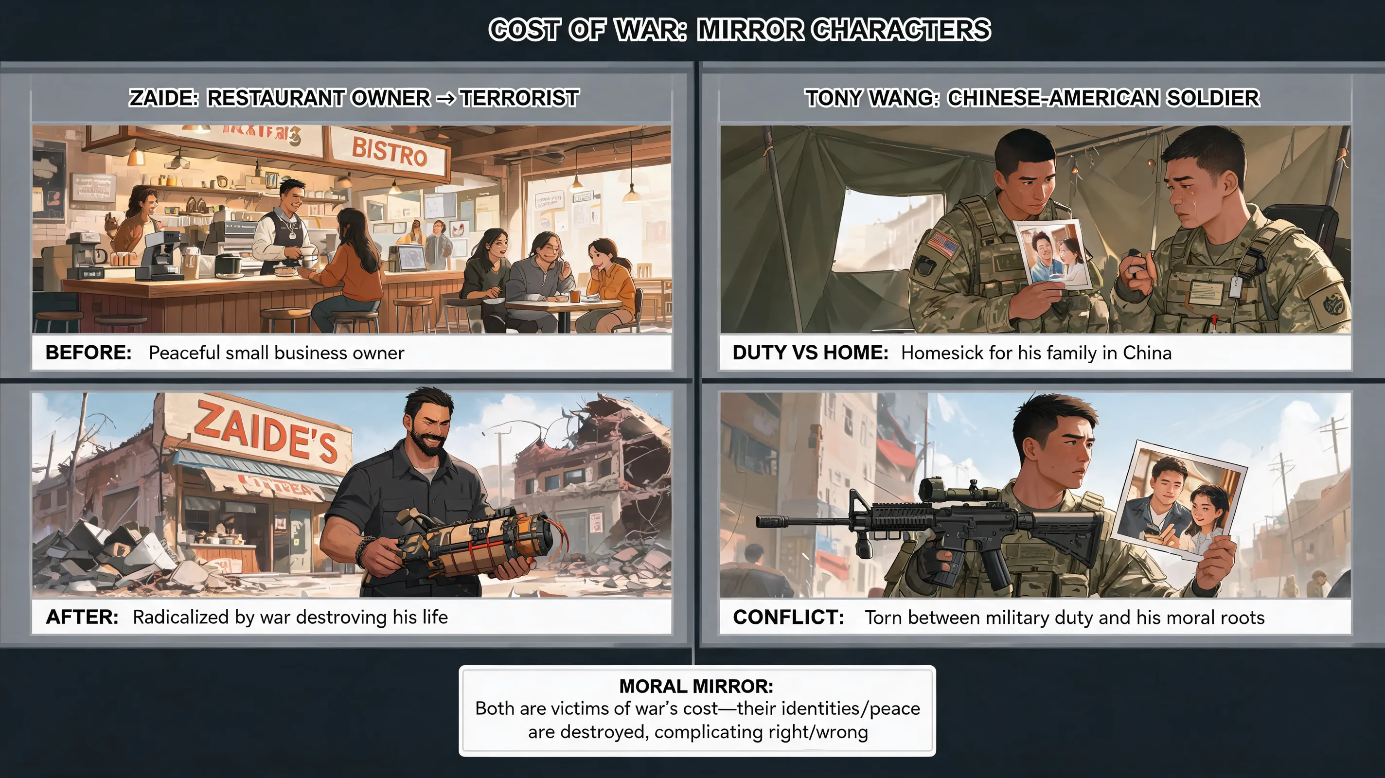 Discuss the film's portrayal of the "cost of war" through its secondary characters, such as Zaide, the restaurant owner who becomes a terrorist, and Tony Wang, the homesick Chinese-American soldier. How do these "mirror" characters complicate the film's moral landscape?