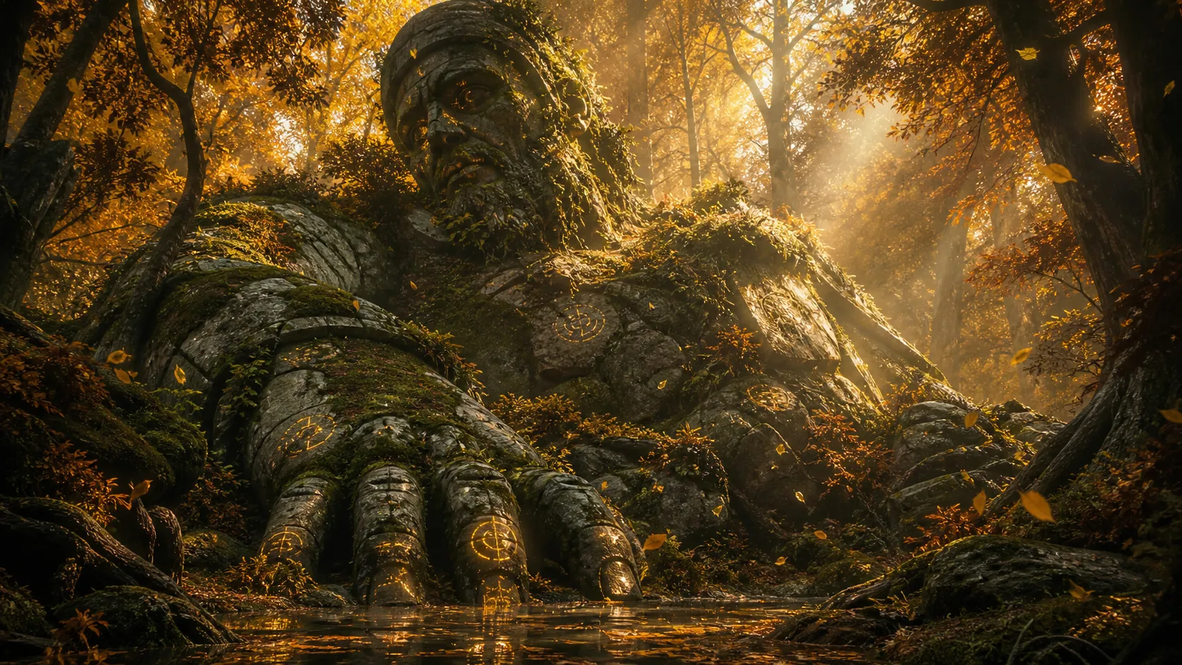 An ancient overgrown stone colossus half-buried in an enchanted autumn forest, golden leaves falling, ethereal sunbeams breaking through canopy, magical glowing runes on stone, detailed digital matte painting, ArtStation trending, intricate details, epic scale.