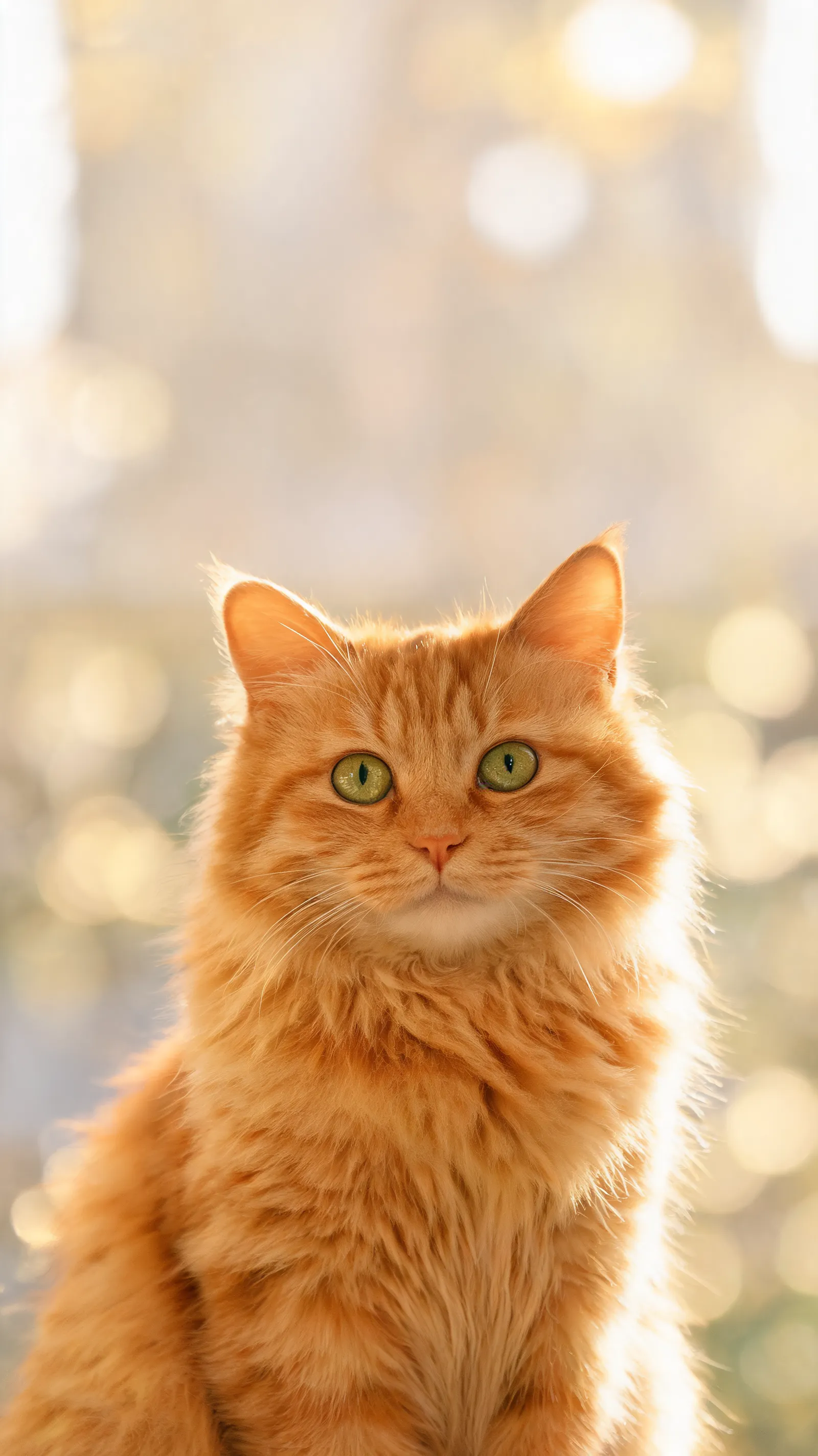 Create an adorable premium vertical smartphone wallpaper featuring a charming pet with expressive eyes and natural personality, such as a fluffy cat or playful dog, photographed in soft warm natural light. Detailed fur, realistic eyes, gentle depth of field, cozy atmosphere, clean background, subtle bokeh, heartwarming mood, professional pet photography, photorealistic textures and balanced composition. Keep the pet clearly visible while leaving comfortable negative space around the upper portion of the image for phone interface elements. No text, no collars with readable text, no logos, no watermark. 9:16 vertical composition, ultra-high resolution, premium smartphone wallpaper.