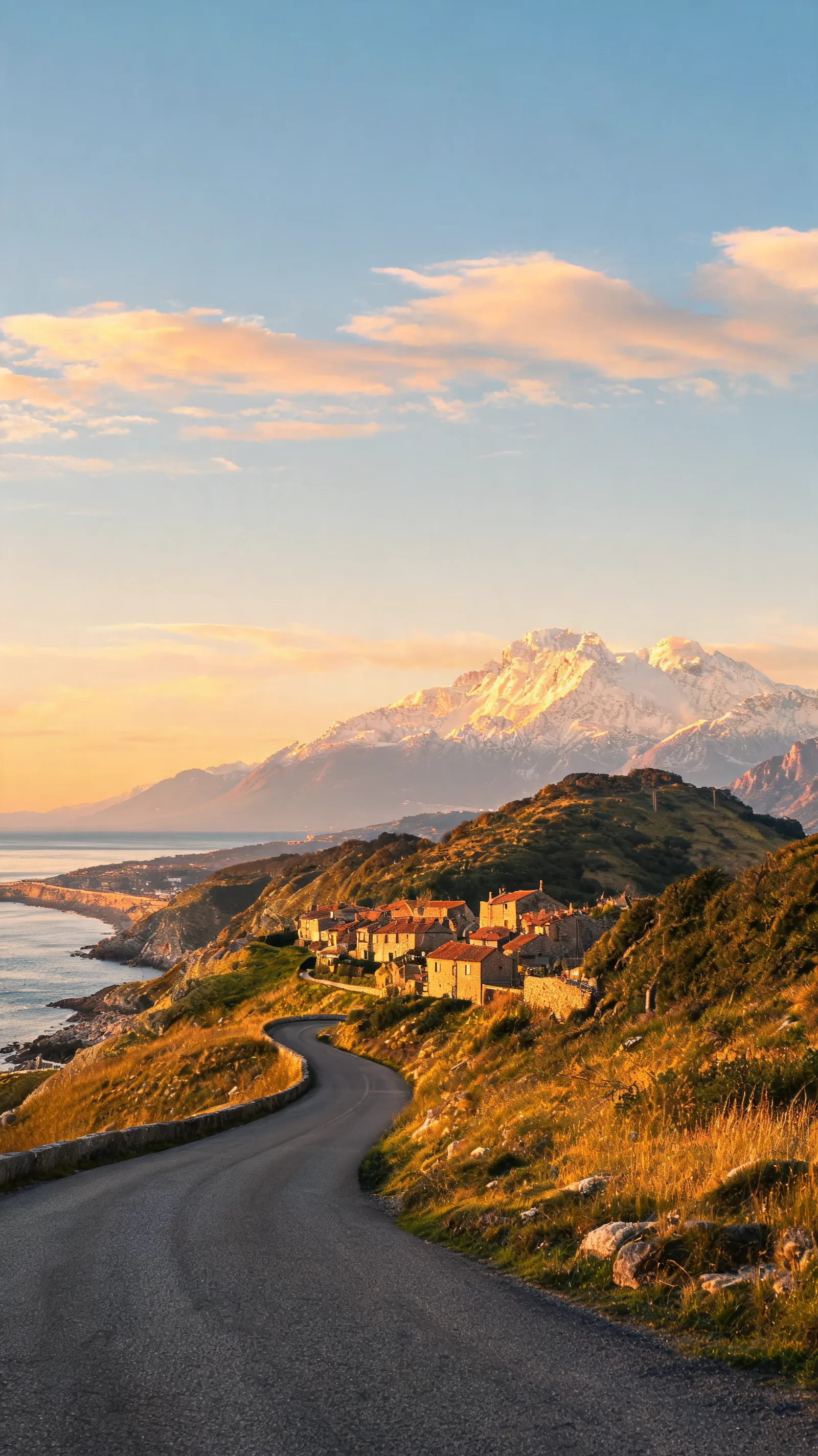 Create a breathtaking vertical travel wallpaper showing an inspiring destination at golden hour, with majestic mountains, a winding road, distant coastline, charming historic architecture, or a spectacular scenic viewpoint. Cinematic travel photography, atmospheric depth, beautiful natural lighting, realistic clouds, rich environmental details, sense of adventure and freedom, balanced composition, photorealistic textures and subtle color grading. Create a strong sense of place without overcrowding the scene. Leave some clean sky or environmental space near the top for smartphone interface elements. No text, no logos, no watermark. 9:16 vertical composition, ultra-high resolution, premium smartphone wallpaper.