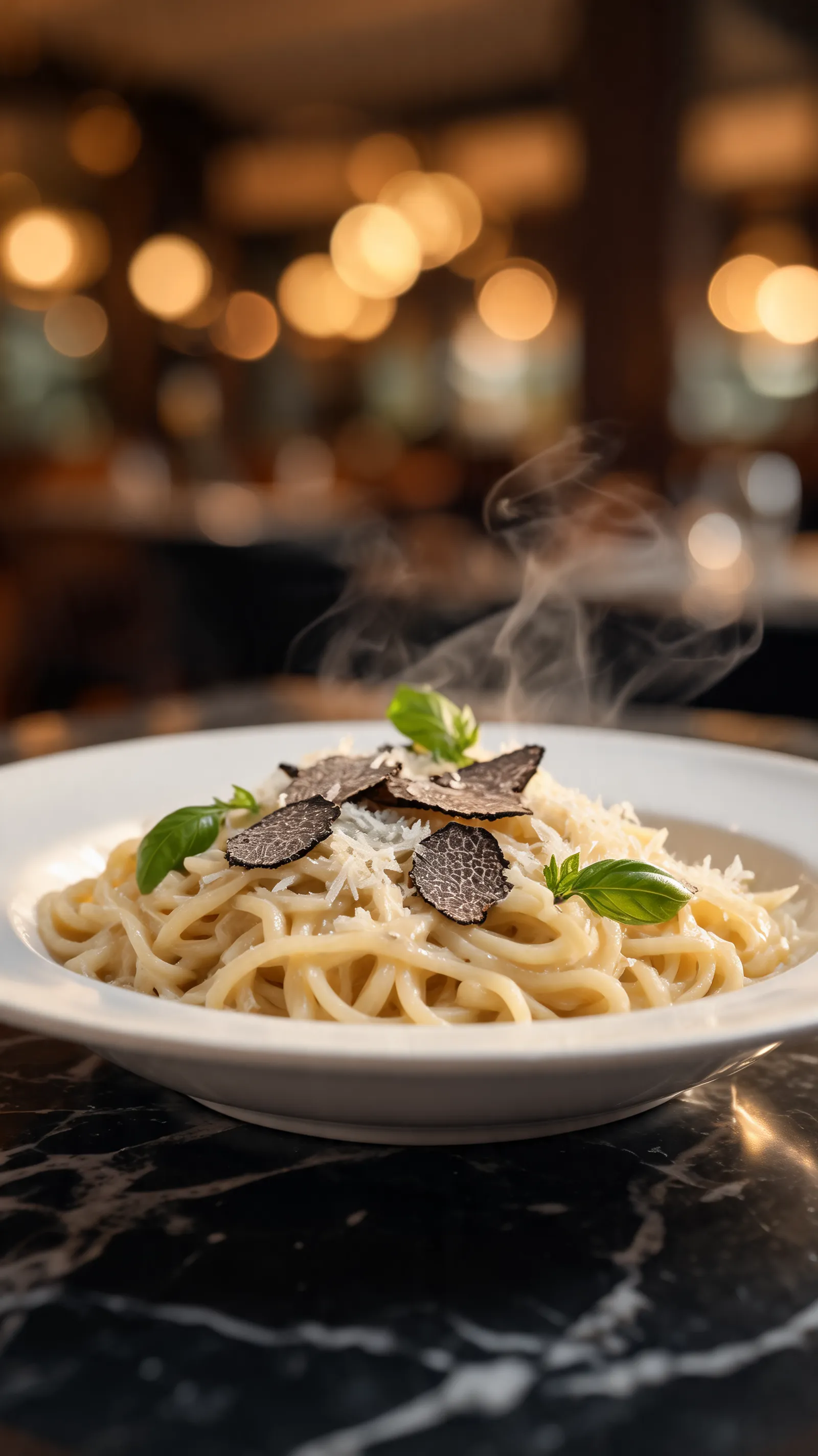 Create a premium vertical smartphone food wallpaper featuring beautifully presented gourmet food with irresistible textures and realistic details. Use soft cinematic restaurant lighting, appetizing highlights, natural steam where appropriate, rich ingredient details, elegant plating, shallow depth of field, subtle background bokeh, professional food photography, realistic colors and sophisticated composition. The food should look fresh, delicious, and visually luxurious without excessive clutter. Leave comfortable negative space near the upper portion for smartphone interface elements. No text, no branding, no logos, no watermark. 9:16 vertical composition, ultra-high resolution, premium smartphone wallpaper.