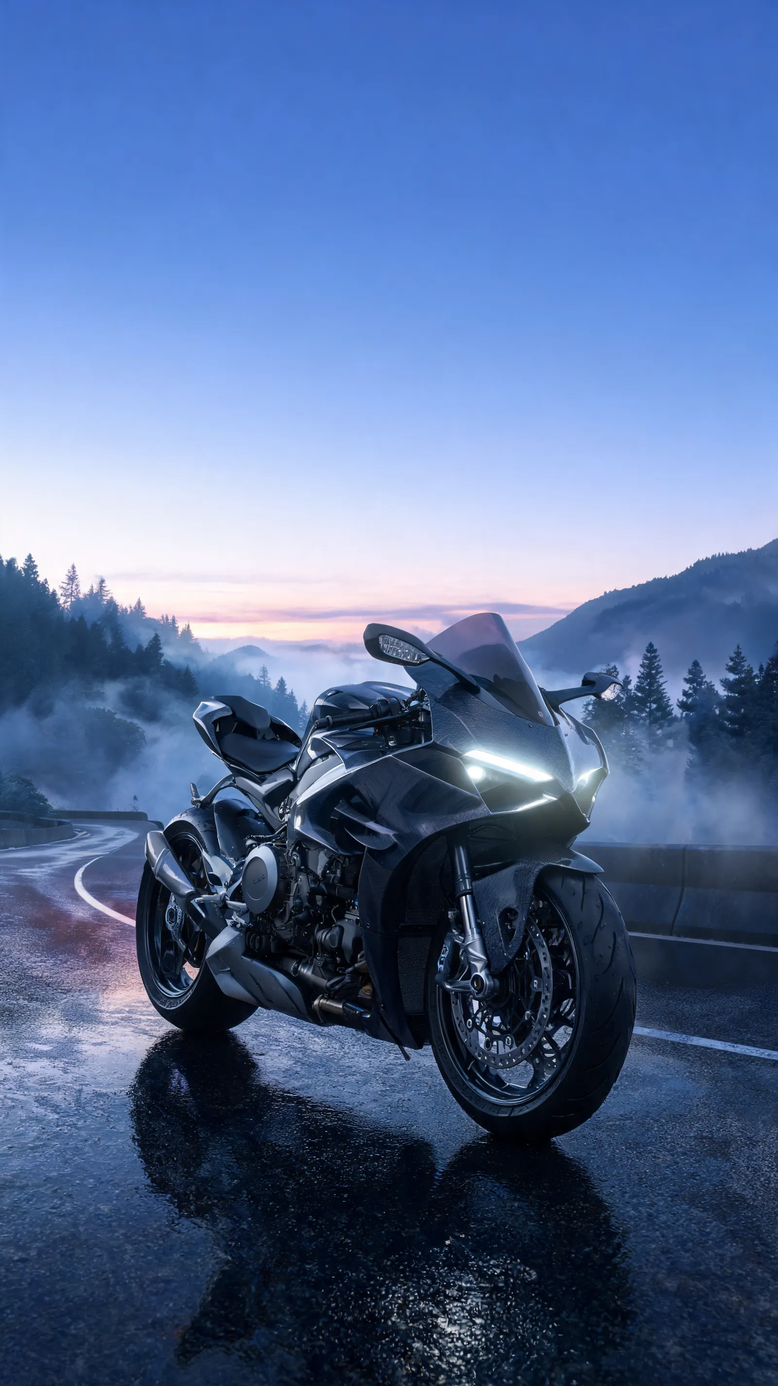 Create a powerful premium vertical smartphone wallpaper featuring a modern high-performance motorcycle in a dramatic cinematic environment. Showcase aggressive bodywork, detailed mechanical components, metallic reflections, realistic tires, headlights and premium materials. Place the motorcycle on a mountain road, modern city street, atmospheric garage, or scenic open highway with dramatic lighting, subtle mist, controlled reflections, and a strong sense of speed and freedom. Photorealistic automotive photography, sharp details, realistic proportions, dynamic perspective and sophisticated composition. Do not display recognizable manufacturer logos or readable license plates. Leave clean visual space near the top for phone interface elements. No text, no logos, no watermark. 9:16 vertical composition, ultra-high resolution, premium smartphone wallpaper.