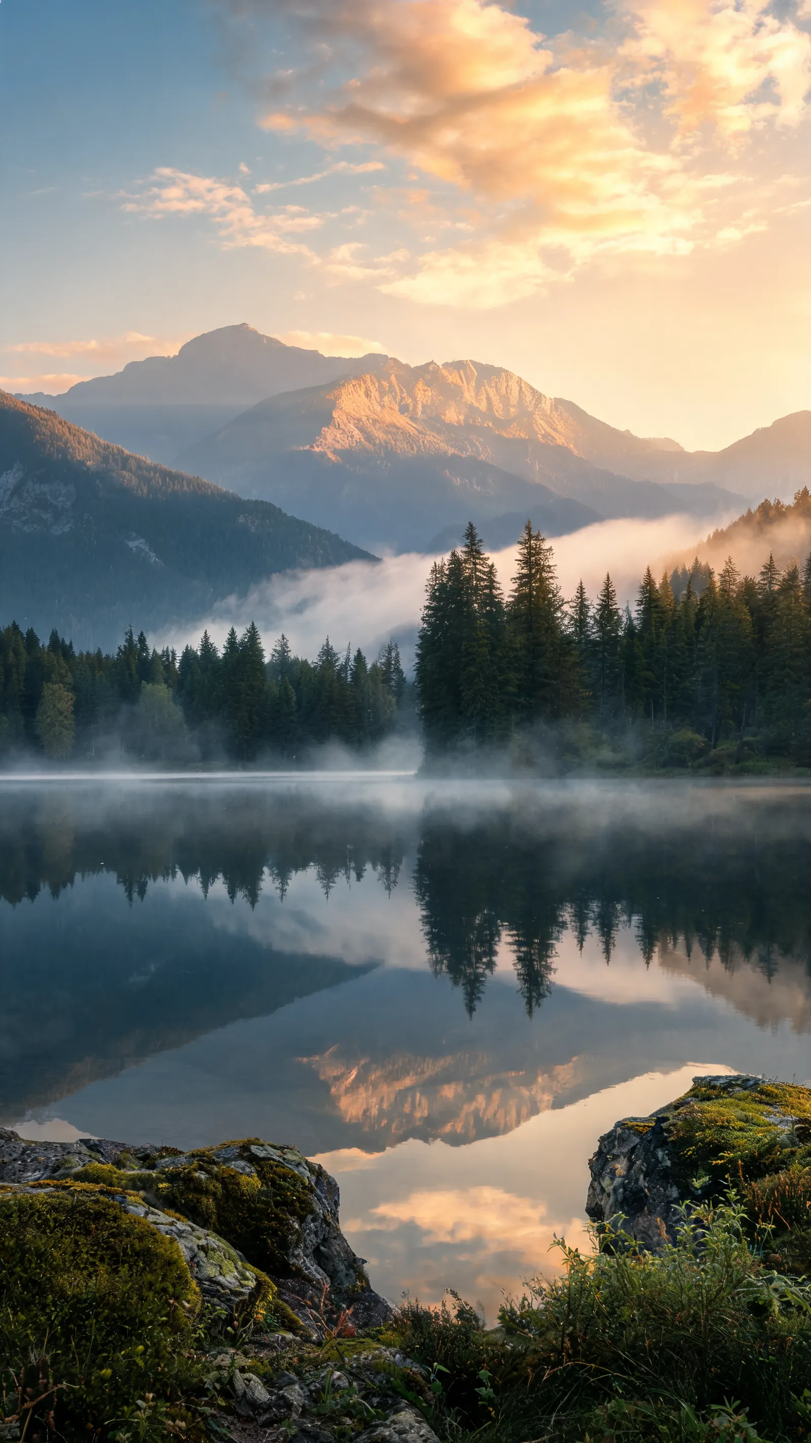Create a breathtaking premium vertical smartphone nature wallpaper featuring an untouched natural landscape with majestic mountains, dense forests, a crystal-clear lake or river, atmospheric mist, dramatic clouds, and beautiful golden-hour sunlight. Capture realistic vegetation, natural reflections, subtle atmospheric depth, detailed rocks and water, cinematic lighting, peaceful mood and a strong sense of scale. Photorealistic landscape photography, natural colors, high dynamic range, crisp foreground details and soft distant layers. Leave clean sky or subtle scenery near the top for smartphone status icons. No people, no buildings, no text, no logos, no watermark. 9:16 vertical composition, ultra-high resolution, premium smartphone wallpaper.