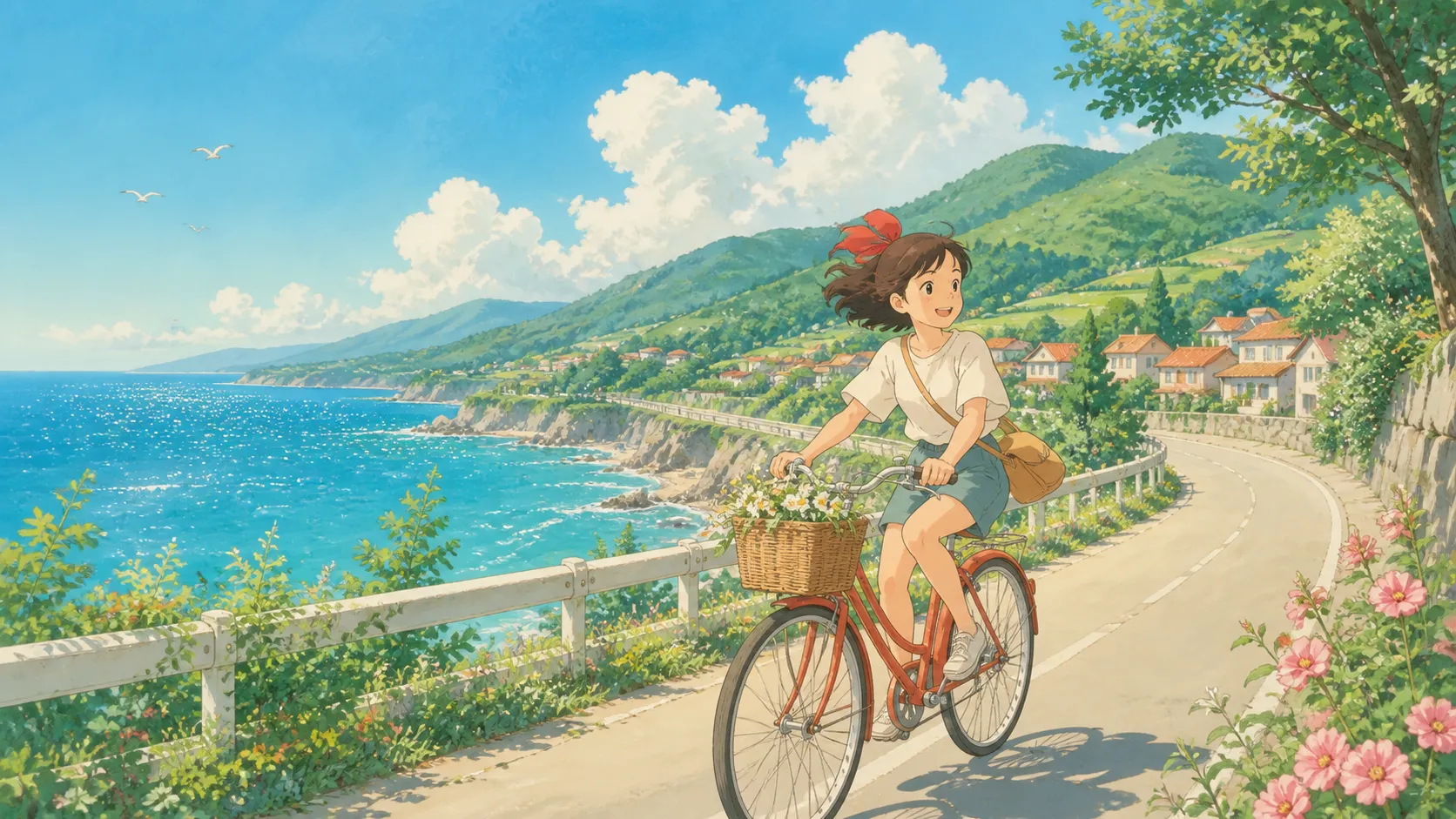 A young girl riding a bicycle along a coastal road next to a shimmering blue ocean, fluffy summer clouds, vibrant green hills, pastel color palette, Hayao Miyazaki anime style, warm lighting, nostalgic atmosphere, hand-drawn digital illustration.