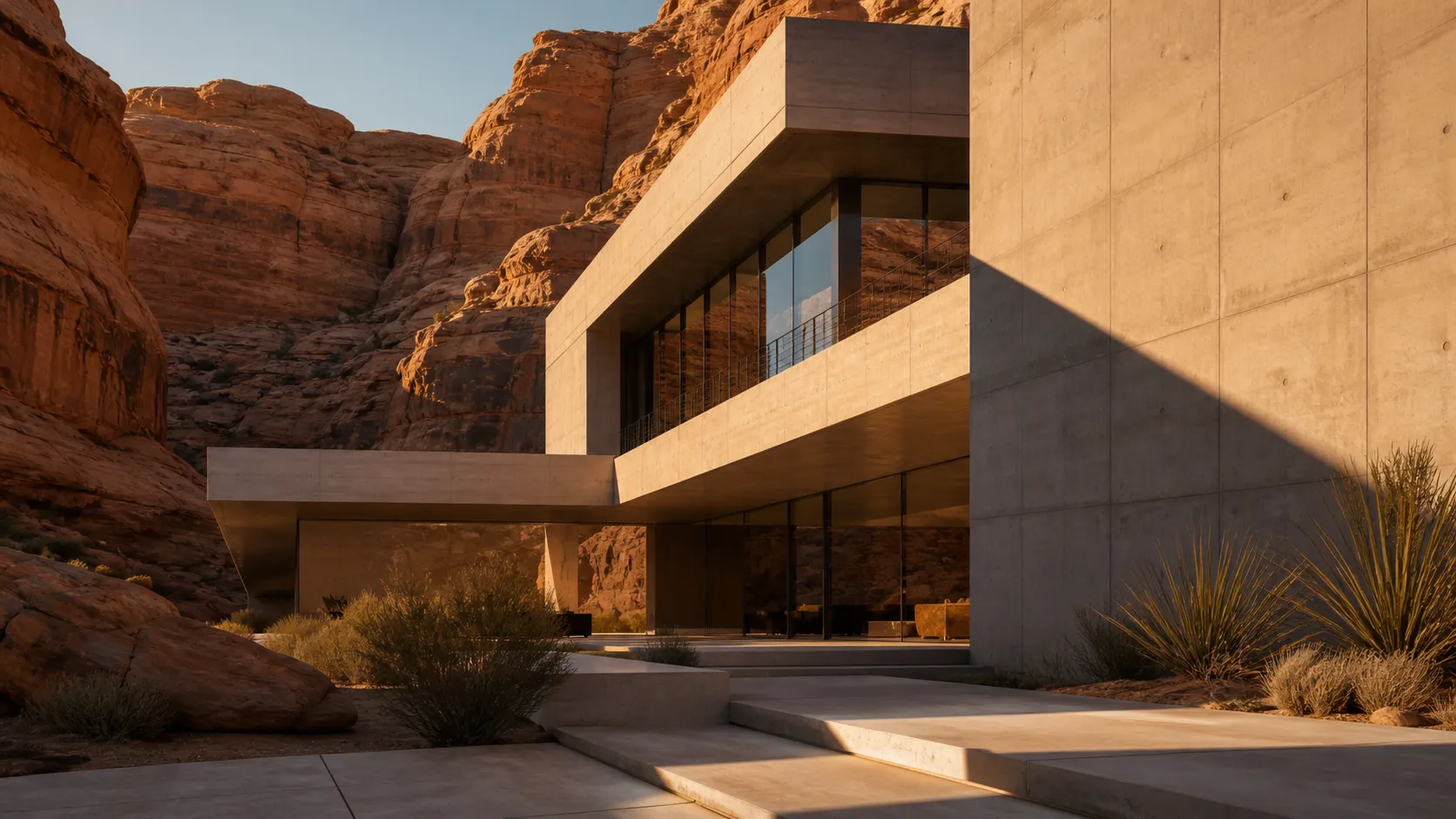 Minimalist concrete villa built inside a desert canyon during golden hour, sharp geometric shadows, clean glass facades, desert flora, architectural photography, shot on Hasselblad, 8k, ultra-clean composition, natural evening warmth.