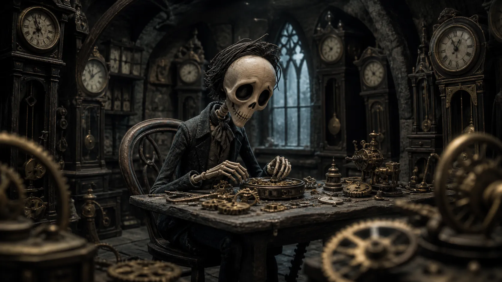 A melancholic skeleton clockmaker sitting in a dusty Gothic tower workshop, surrounded by intricate brass gears and grandfather clocks, dark fantasy, claymation stop-motion texture, Tim Burton aesthetic, moody lighting, shallow depth of field.