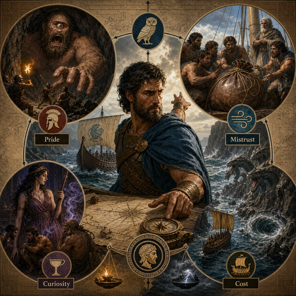 Analyze Odysseus as a leader in Homer’s The Odyssey. Evaluate his decisions from Book 9 (Polyphemus) through Book 12 (Scylla and Charybdis). To what extent is he a flawed hero, and how do his traits—cunning, pride, curiosity—both save and endanger his crew? Support your argument with at least three specific episodes.