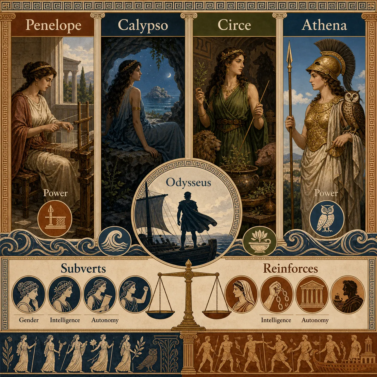 Compare the female figures in The Odyssey: Penelope, Calypso, Circe, and Athena. How does each woman exercise power, and what does her relationship with Odysseus reveal about Greek attitudes toward gender, intelligence, and autonomy? Argue whether the epic ultimately subverts or reinforces patriarchal norms.