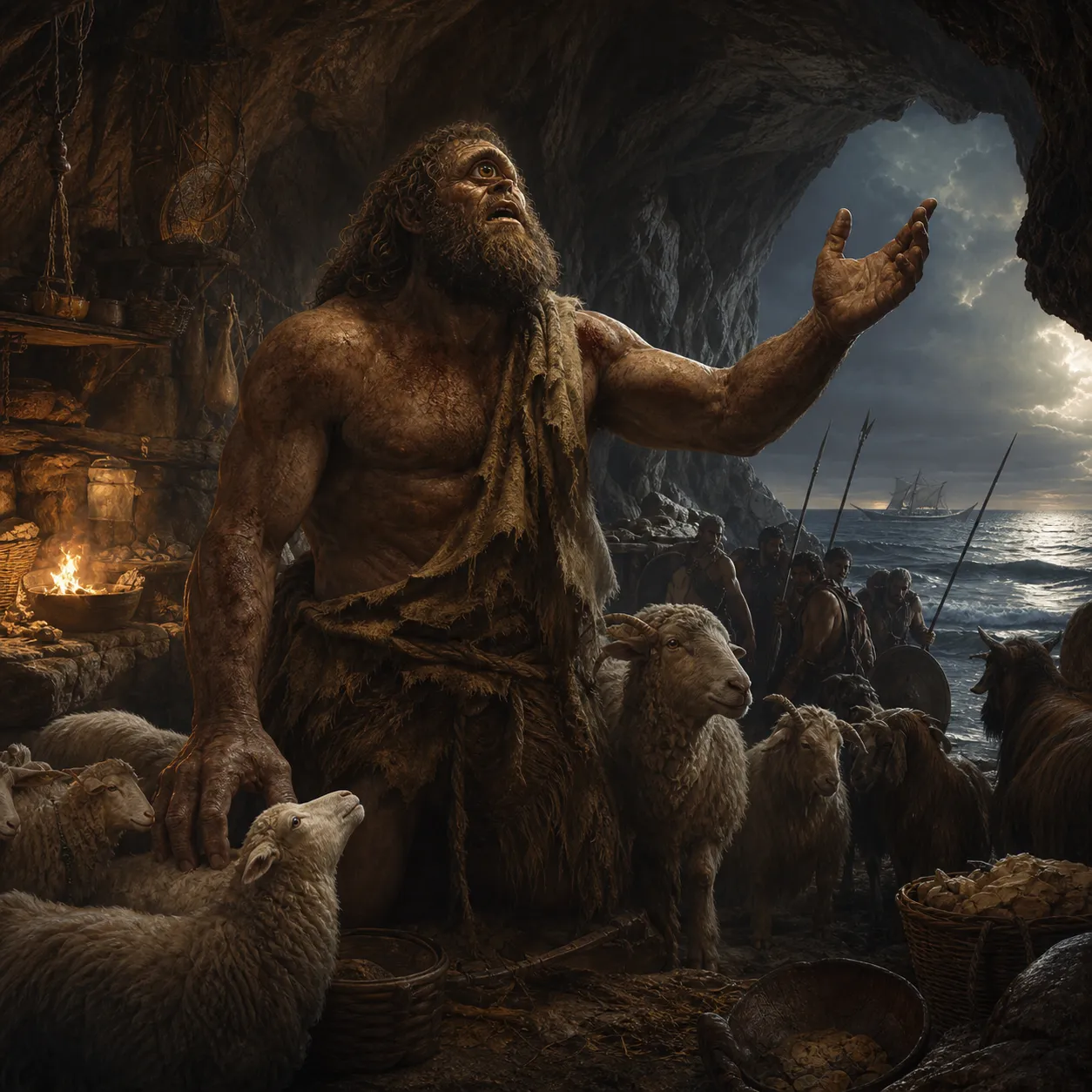 Rewrite the encounter between Odysseus and the Cyclops Polyphemus (Book 9) from Polyphemus’s point of view. Maintain the epic tone but humanize the Cyclops—explore his daily life, his relationship with his flock, and his shock at the invasion of his home. End with his curse, but frame it as a tragedy rather than mere villainy.