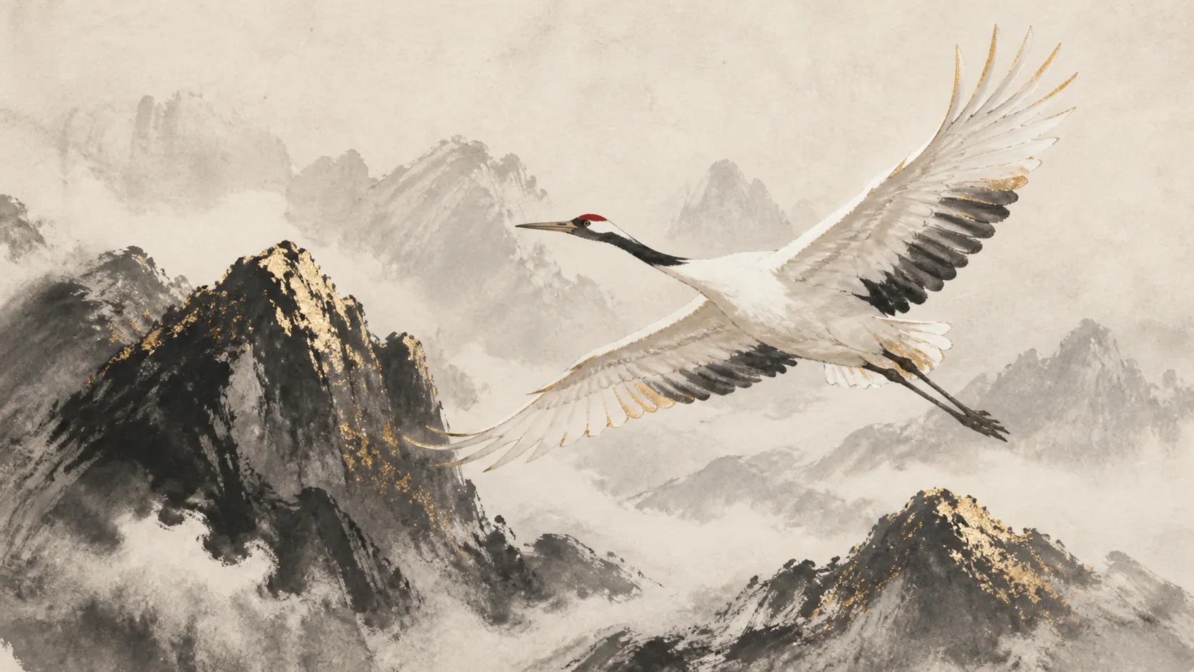 A majestic white crane soaring over mist-shrouded mountain peaks, traditional Chinese ink wash painting fused with modern golden foil accents, dynamic brush strokes, minimalist composition, delicate texture, Xuan paper aesthetic.