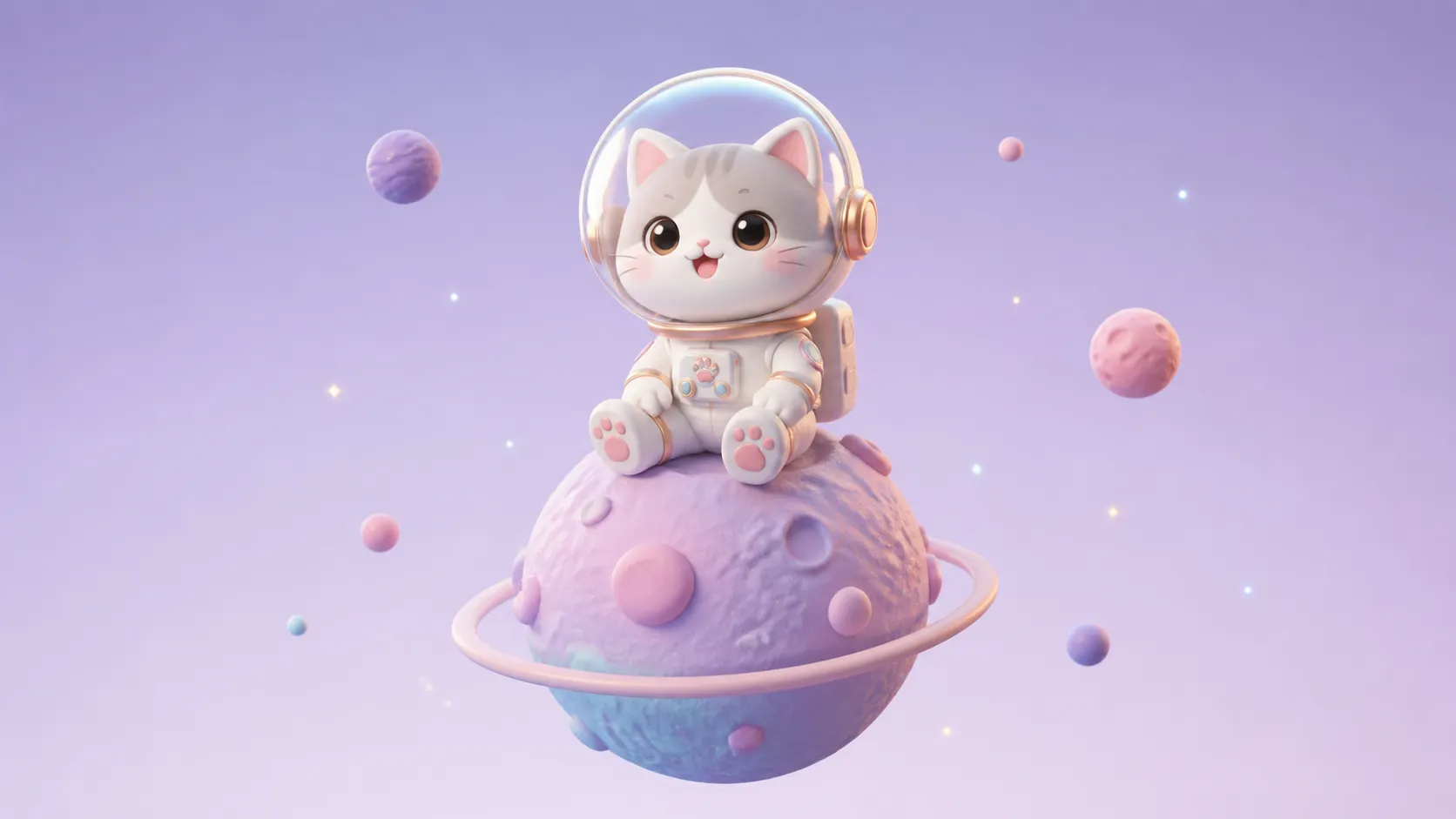 A cute 3D character of an astronaut cat sitting on a tiny pastel planet, wearing a glossy glass space helmet, Octane render, Blender, soft clay material, studio lighting, smooth vinyl texture, pastel color palette, ultra-detailed.