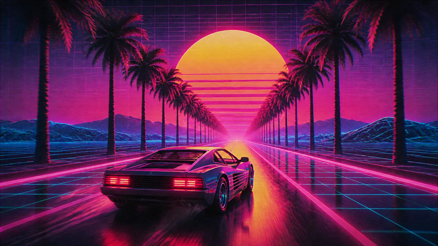 A retro sports car driving down a palm tree avenue toward a huge setting neon sun, grid background, VHS grain effect, 1980s synthwave aesthetic, vibrant magenta and cyan lighting, vintage film stock texture.