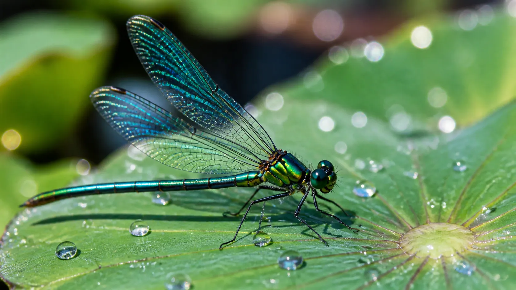 Macro photography of a iridescent dragonfly perched on a dew-covered lotus leaf, glowing water drops, microscopic details on wings, vibrant emerald and sapphire colors, natural sunlight, f/2.8, crystal clear sharpness.