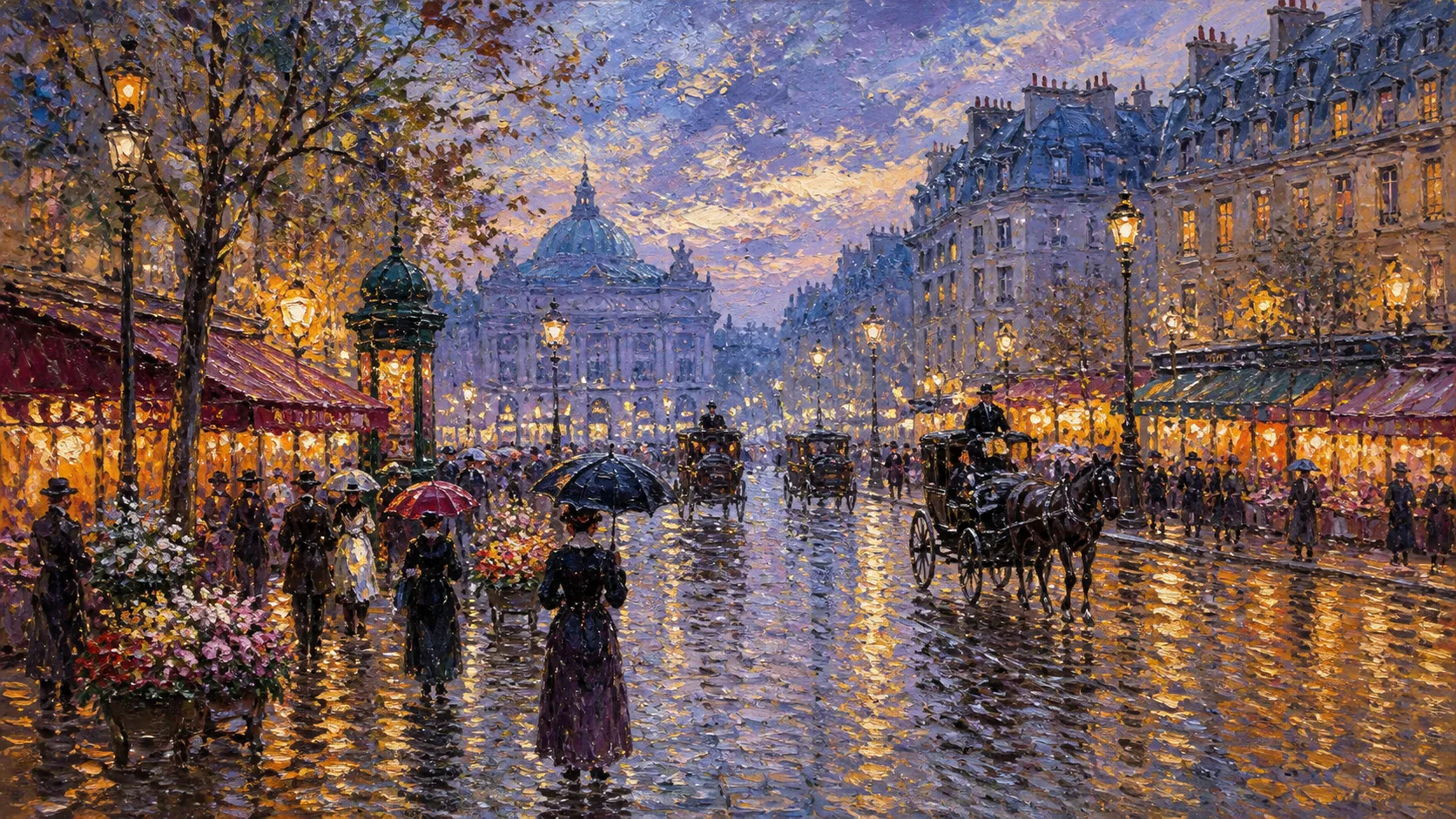 A bustling Paris street scene in twilight rain, impressionist oil painting style, visible thick impasto brushstrokes, vibrant colors blending together, glowing street lamps reflected on wet cobblestones, Claude Monet aesthetic.