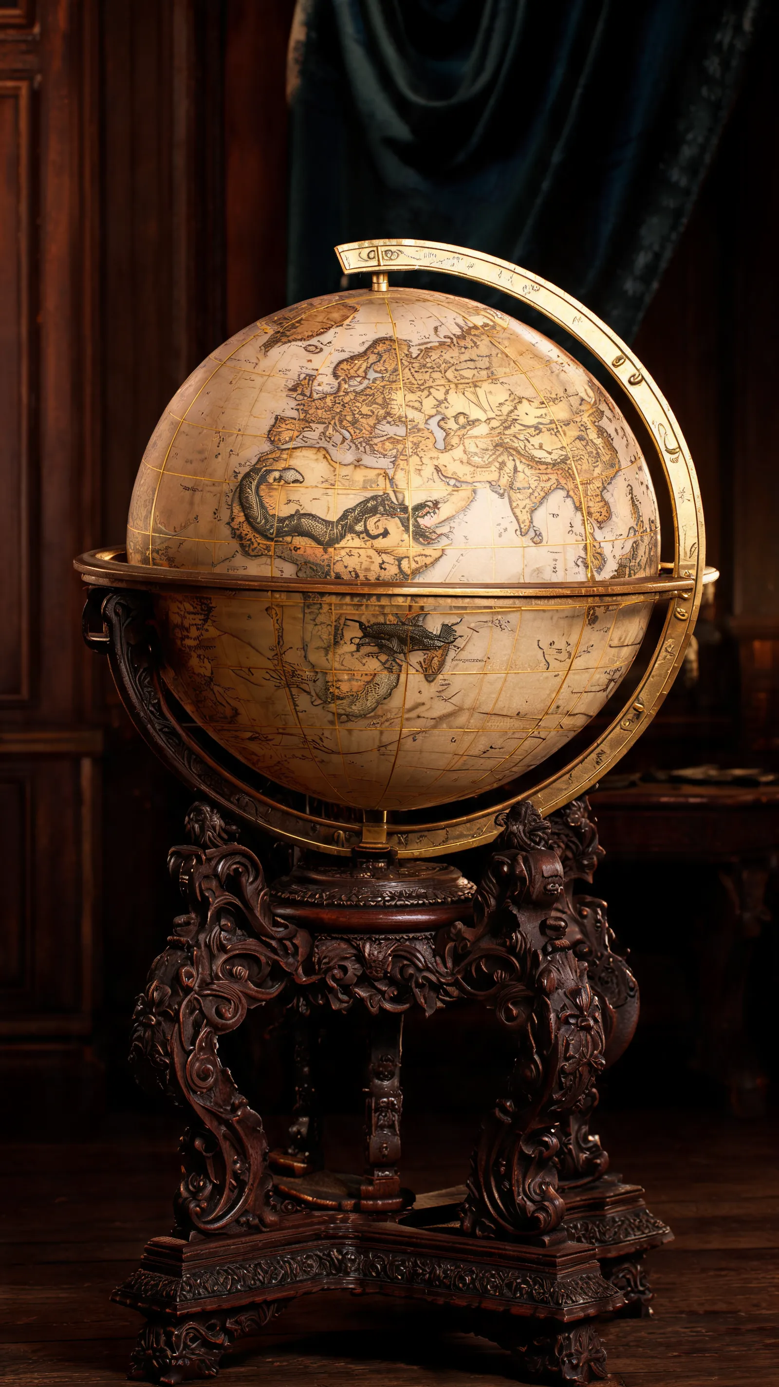 A Renaissance-era terrestrial globe on an ornate wooden stand. The globe shows antiquated map details, sea monsters in unexplored areas, and gilded latitude and longitude lines. The stand features intricate carvings and a brass meridian ring.