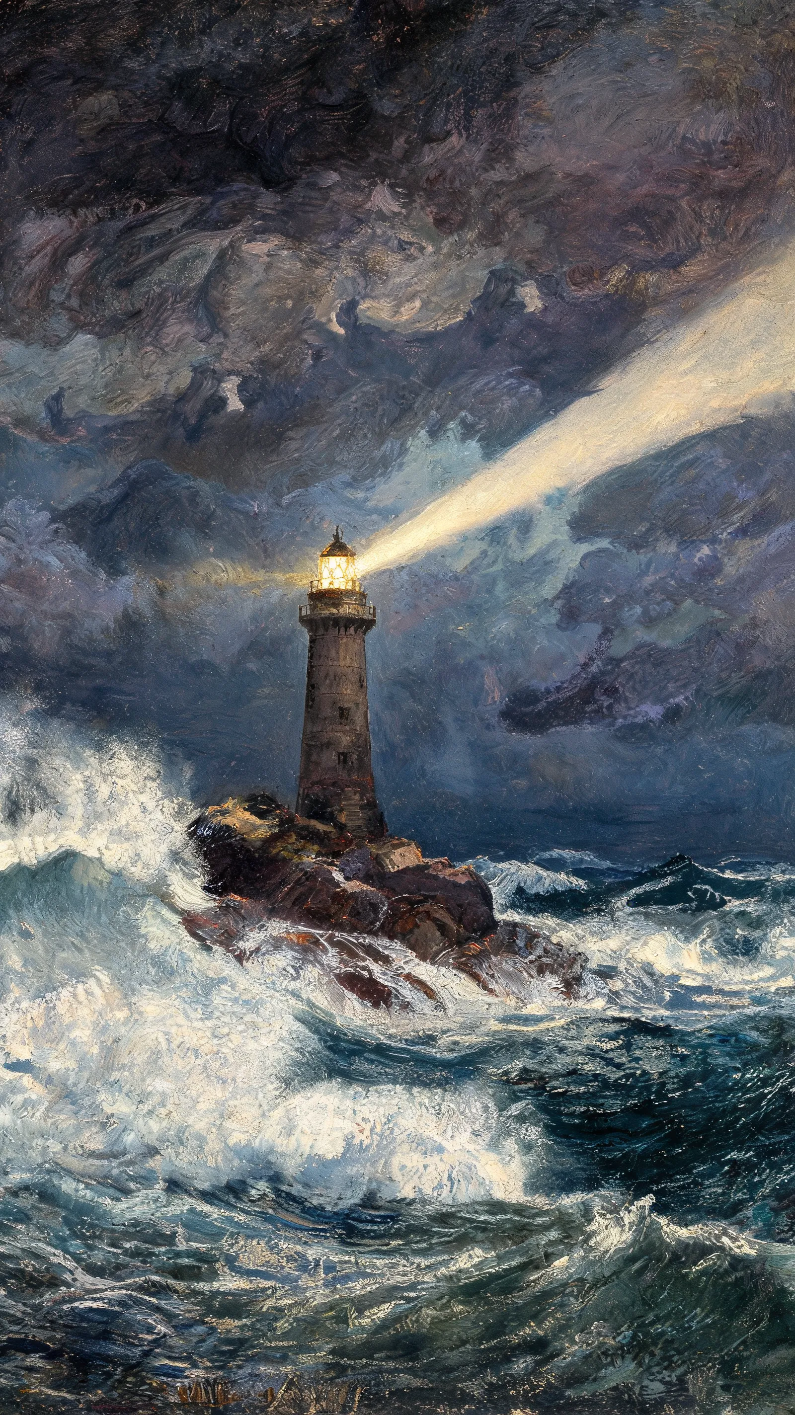 Dynamic oil painting of a lighthouse standing against a turbulent sea, dramatic storm clouds, crashing waves with white foam, powerful brushstrokes showing movement, dark moody palette with highlights of bright lighthouse beam, reminiscent of William Turner's seascapes