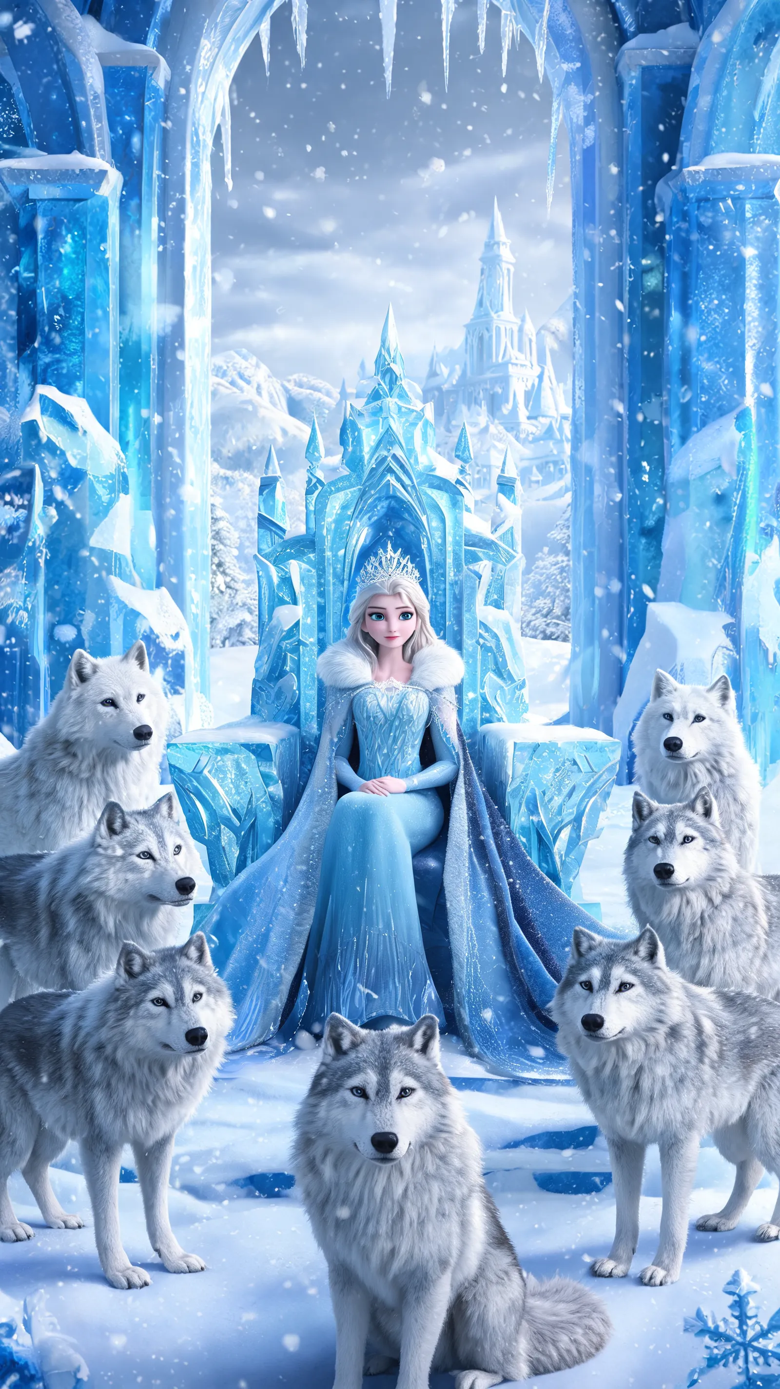 A snow-covered kingdom, with the queen sitting on an ice throne, surrounded by snow wolves.