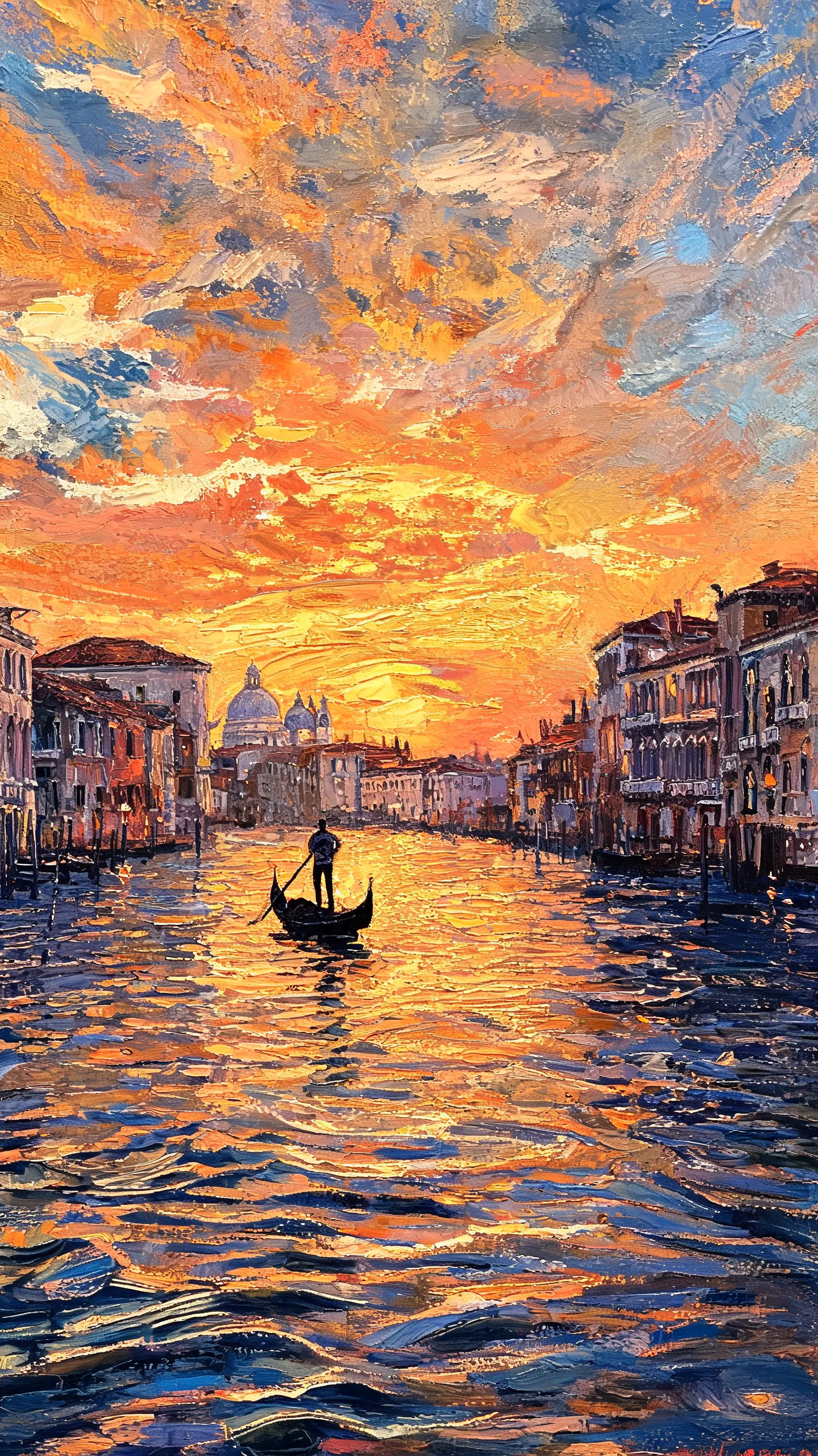 A romantic oil painting of Venice canals at sunset, with a lone gondola silhouetted against the golden sky, impressionist style with thick brushstrokes, warm color palette dominated by oranges and deep blues, reflections rippling on the water surface, classical Italian architecture in background