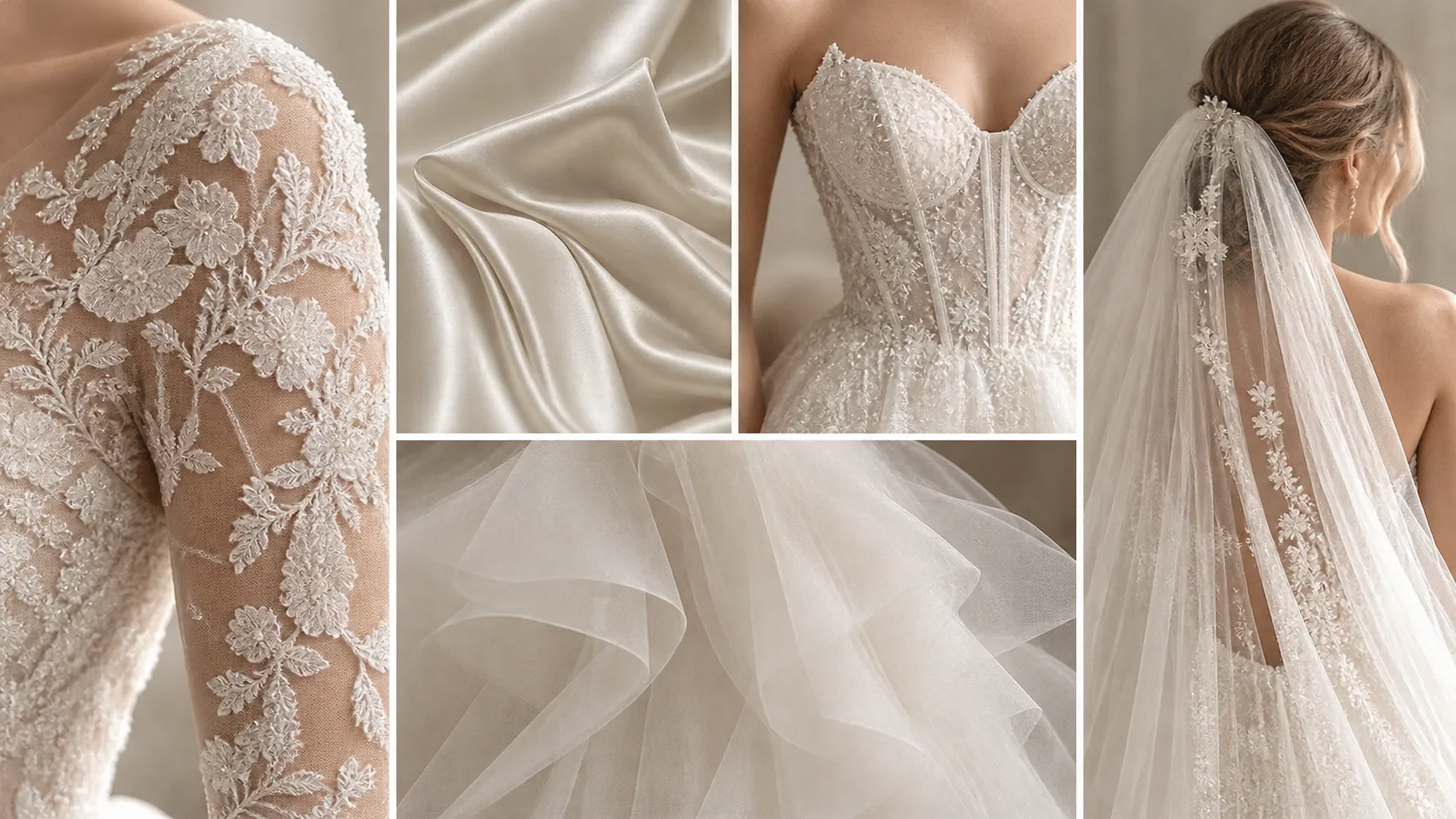 Create a premium 16:9 editorial collage showing the technical complexity of modern wedding dress fabrics for an AI virtual try-on article. Feature five close-up bridal garment details arranged in a sophisticated fashion editorial composition: intricate semi-transparent floral lace over skin-toned fabric, luxurious ivory satin with realistic directional highlights and folds, multiple layers of translucent soft tulle creating dimensional volume, a structured bridal bodice with subtle boning and refined construction, and a cathedral-length veil blending naturally with dark blonde bridal hair. Photorealistic macro fashion photography, highly detailed textile textures, realistic transparency, realistic light interaction, elegant ivory and champagne color palette, luxury bridal editorial aesthetic, clean premium composition, no text, no logos, no watermark.