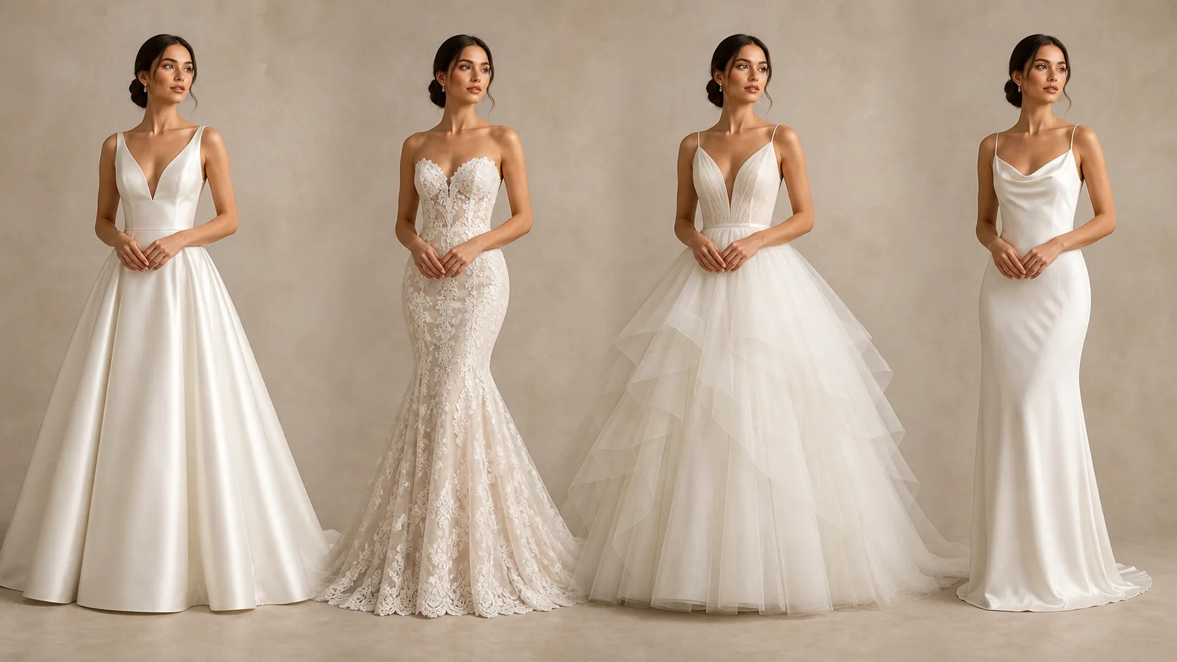 Create a premium 16:9 editorial comparison image for an AI wedding dress try-on test. Show four refined bridal portraits of the same young adult woman wearing four different gowns, arranged horizontally with equal spacing: ivory A-line satin, ivory mermaid lace, ivory ball gown with layered tulle, and minimalist ivory silk sheath. Maintain consistent facial identity, hairstyle, pose, lighting, camera angle, and background across all four portraits. Visually emphasize differences in silhouette, fabric realism, and overall natural appearance through composition and lighting. The A-line satin should appear the most balanced and polished, the mermaid lace the most dramatic, the ball gown the most voluminous, and the sheath silk the most natural and understated. Luxury bridal fashion editorial photography, photorealistic, clean warm-neutral background, no text, no logos, no watermark.