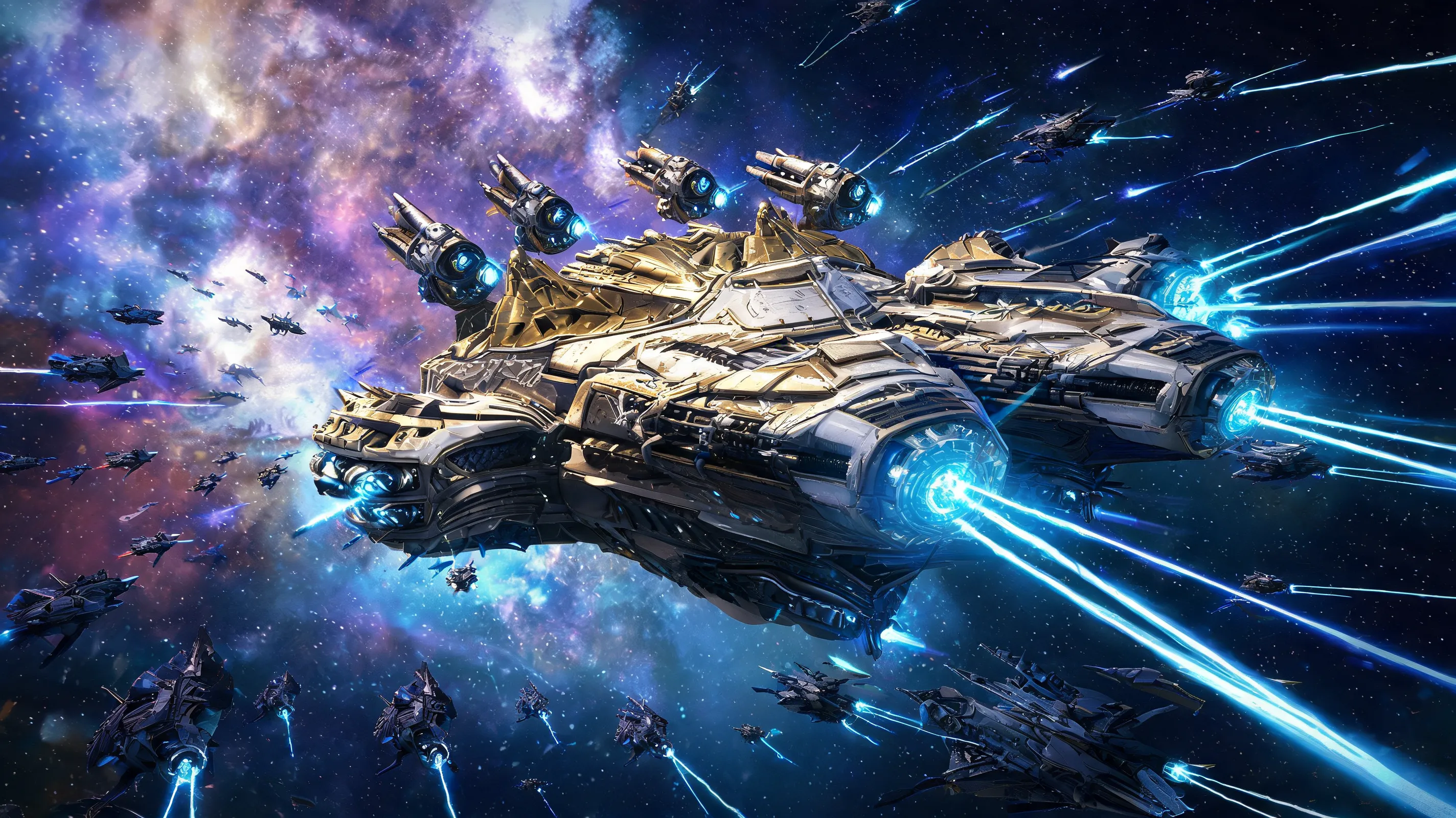 Cinematic shot of a massive Gallente Megathron battleship firing its hybrid blasters, energy trails illuminating the hull, engaged in a fleet battle against a swarm of Caldari ships, nebula backdrop, hyper-detailed, sci-fi, 8k.