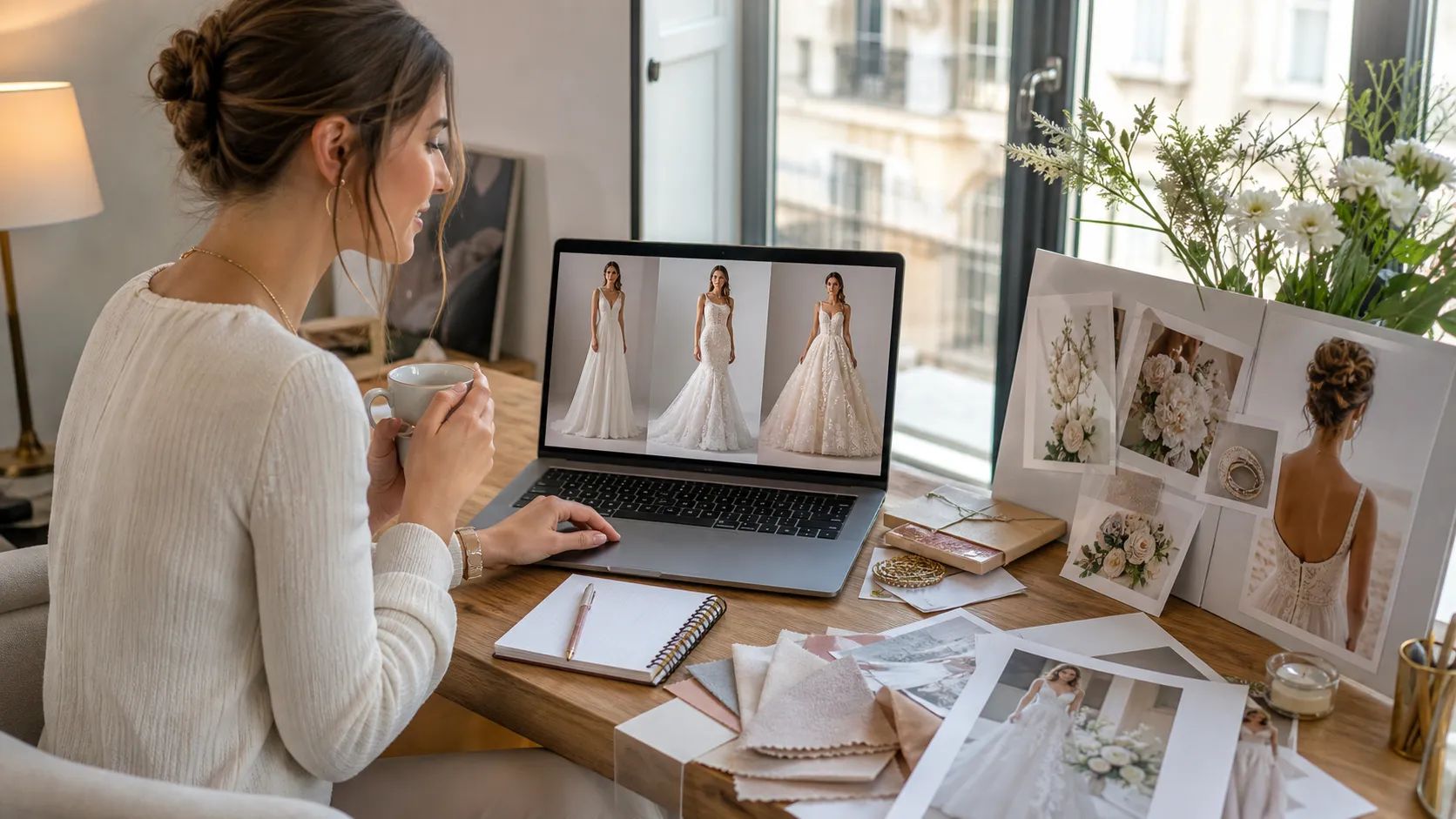 Create a premium 16:9 lifestyle scene showing a modern bride using AI virtual try-on as part of her wedding planning process. A young adult European woman sits at a stylish home desk using a laptop, with the screen displaying several realistic versions of herself wearing different wedding dress silhouettes including A-line, mermaid, and ball gown. On the desk are elegant wedding moodboards, printed bridal inspiration photos, neutral fabric swatches, a wedding planning notebook, and subtle stationery. Warm natural window light, sophisticated modern apartment, calm aspirational atmosphere, realistic lifestyle photography, premium editorial wedding planning aesthetic. The laptop screen should visibly show bridal try-on comparison imagery without readable interface text. No logos, no watermark.