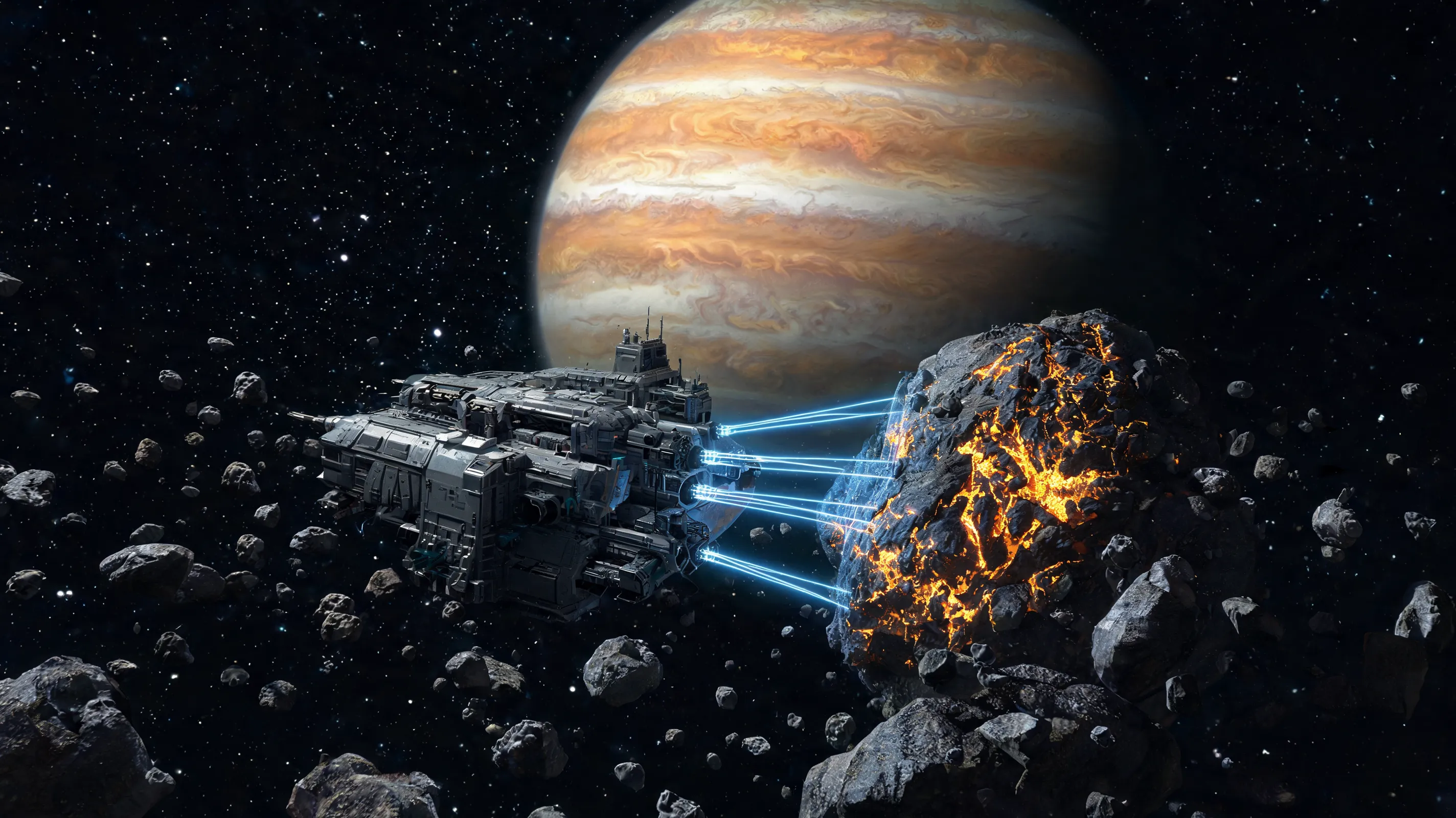 A lone mining barge, a Retriever, extracting ore from a glowing asteroid in a barren asteroid belt, beams of light connecting the ship to the rock, a massive gas giant planet looming in the background, photorealistic, peaceful yet industrial.