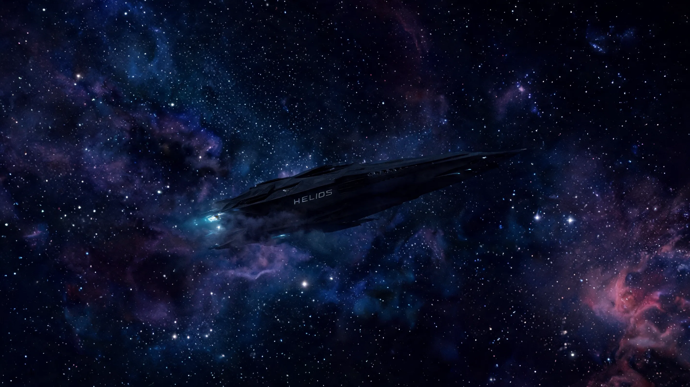 A sleek, cloaked covert ops frigate, the Helios, navigating through a dense, star-filled nebula, its outline barely visible against the cosmic clouds, sense of stealth and exploration, dark and moody atmosphere.