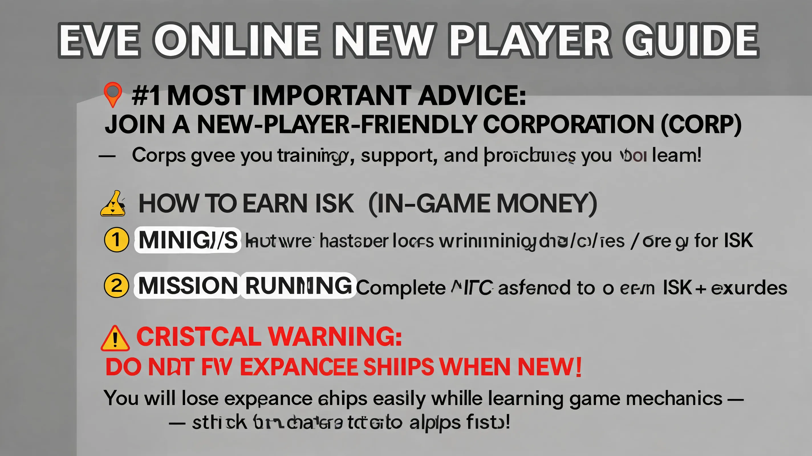 For a text-based AI: "Generate a New Player Guide for EVE Online. Start with the most important advice: join a new-player-friendly corporation. Then cover basic ways to earn ISK, like mining and mission running, and warn against flying expensive ships before learning the game mechanics."
