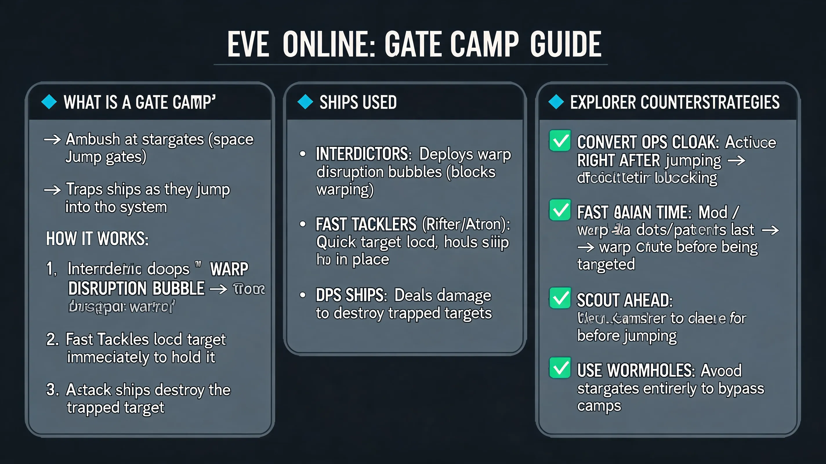 For a text-based AI: "Explain the concept of a 'Gate Camp' in EVE Online. Describe how it works, the ships typically used (like Interdictors and fast tacklers), and list common counter-strategies for explorers, such as using a covert ops cloak and having a fast align time."
