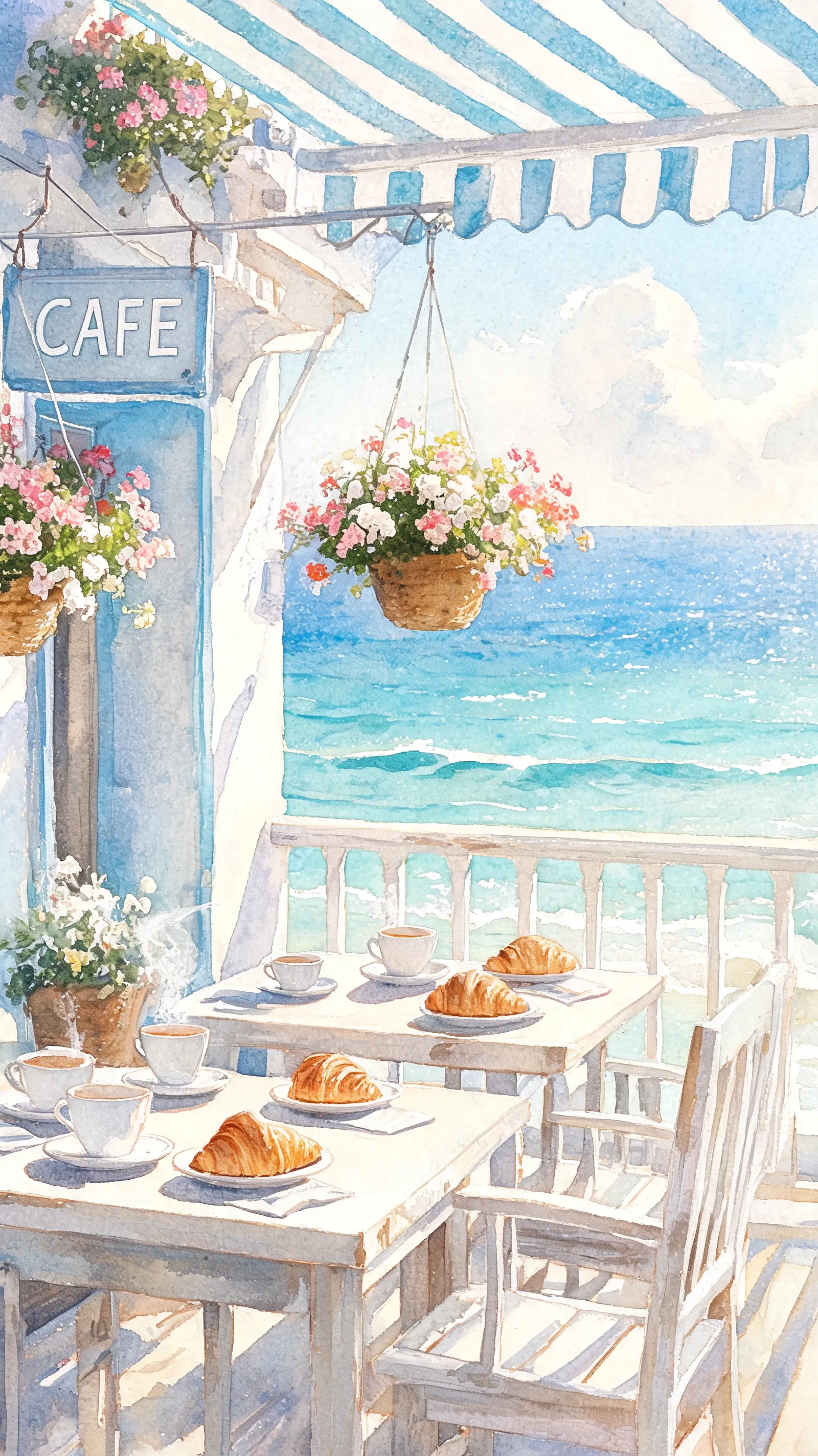 Vintage seaside cafe overlooking Mediterranean waves, sun-bleached blues and whites, hanging flower baskets, scattered coffee cups and croissants, loose watercolor edges