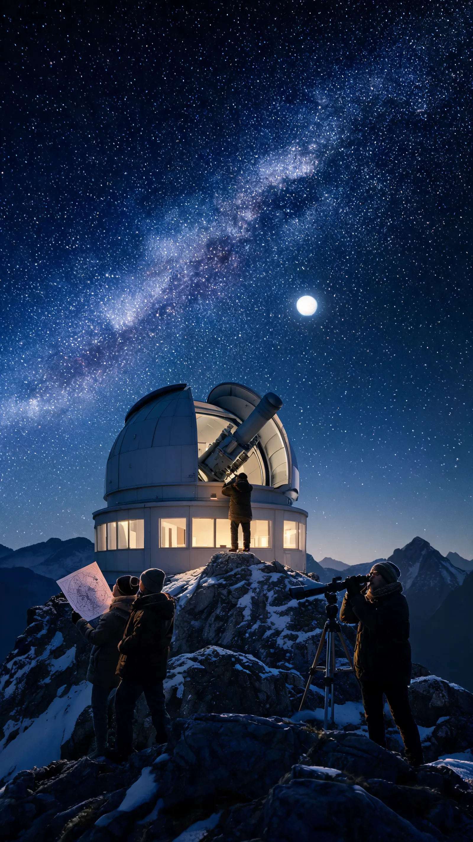 A celestial observatory perched on a mountaintop, with astronomers studying the stars and planets.