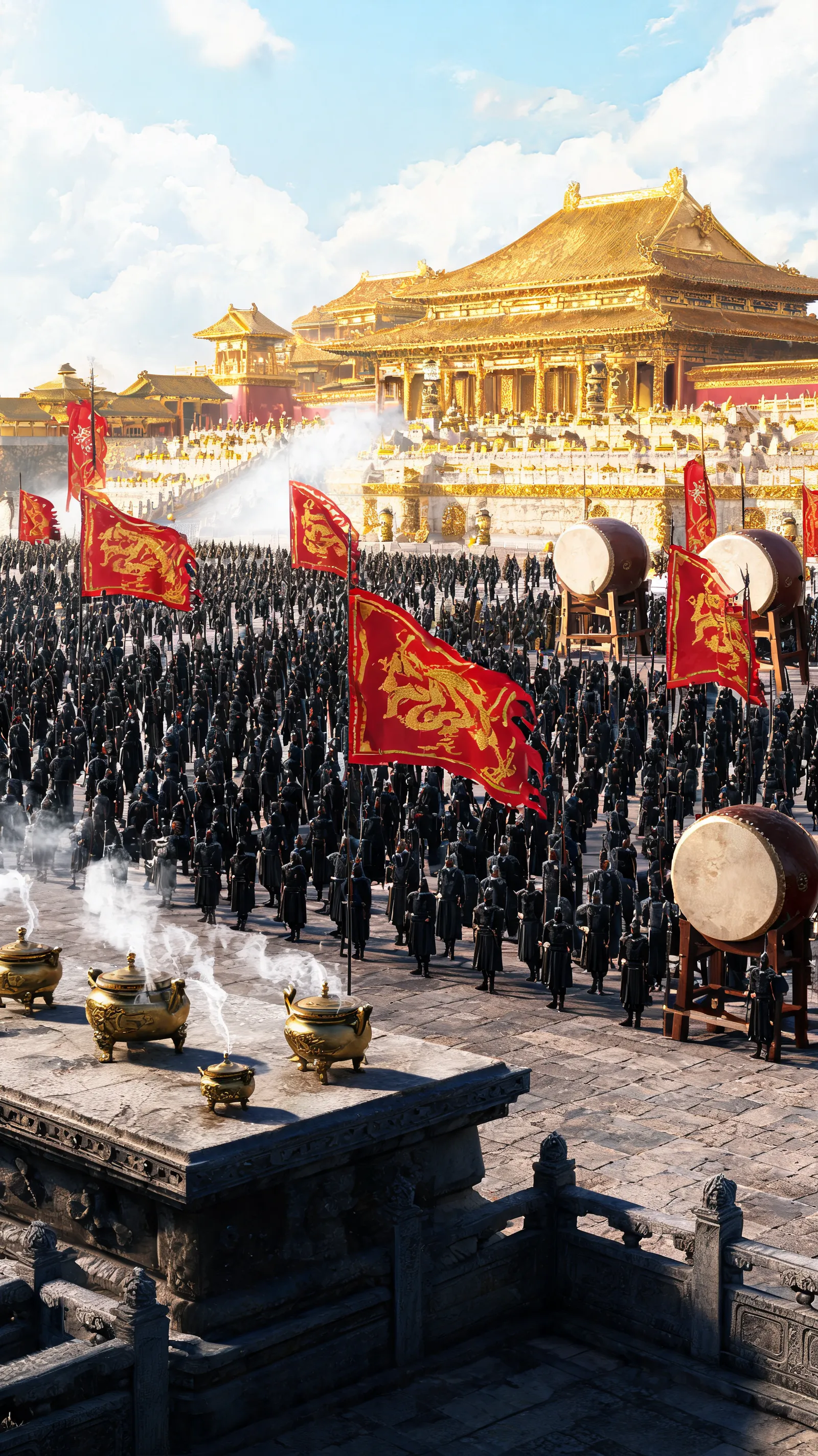 Ancient palace gleaming with gold, vast army in formation, dragon banners fluttering in wind, incense smoke rising from altar, war drums echoing through clouds