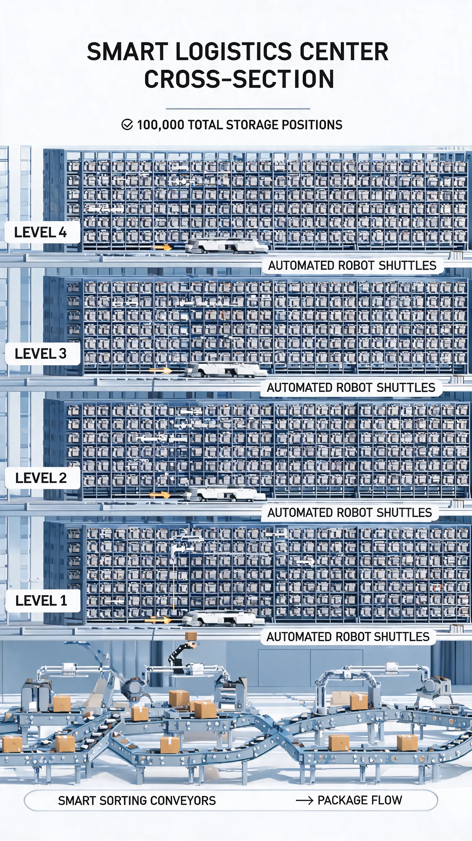 Cross-section of smart logistics center, showing multi-level robot shuttle system and smart sorting conveyors with 100,000 storage positions