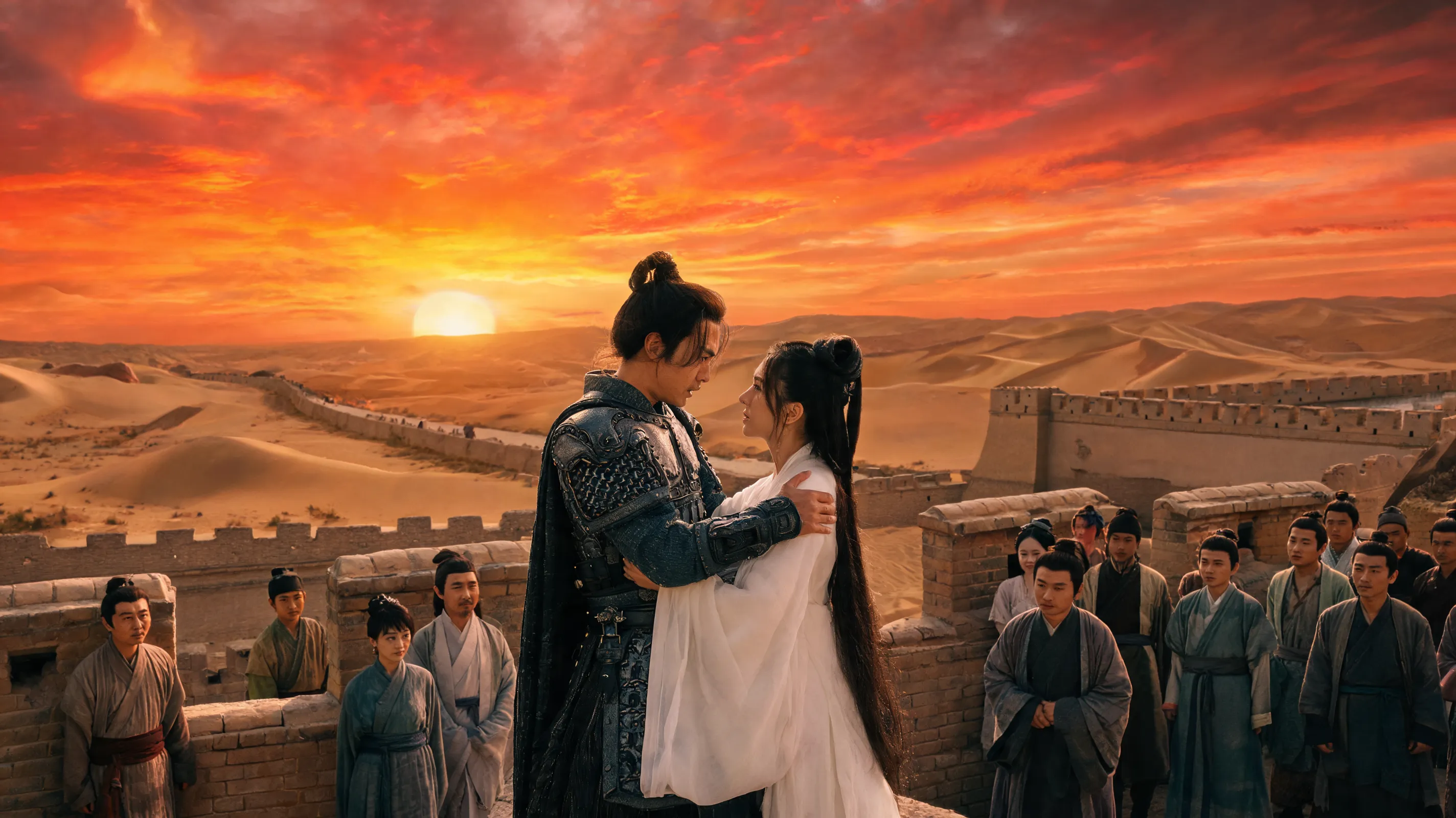 A dramatic movie scene of a man dressed as a ancient Chinese warrior (inspired by Stephen Chow in A Chinese Odyssey) embracing a woman in traditional white garments on a ancient desert city wall at sunset, intense emotional eye contact, as if confessing love for a lifetime, surrounded by a crowd of onlookers, vast Gobi desert landscape in background, epic sunset with orange and red sky, cinematic wide shot, nostalgic film atmosphere, high quality.