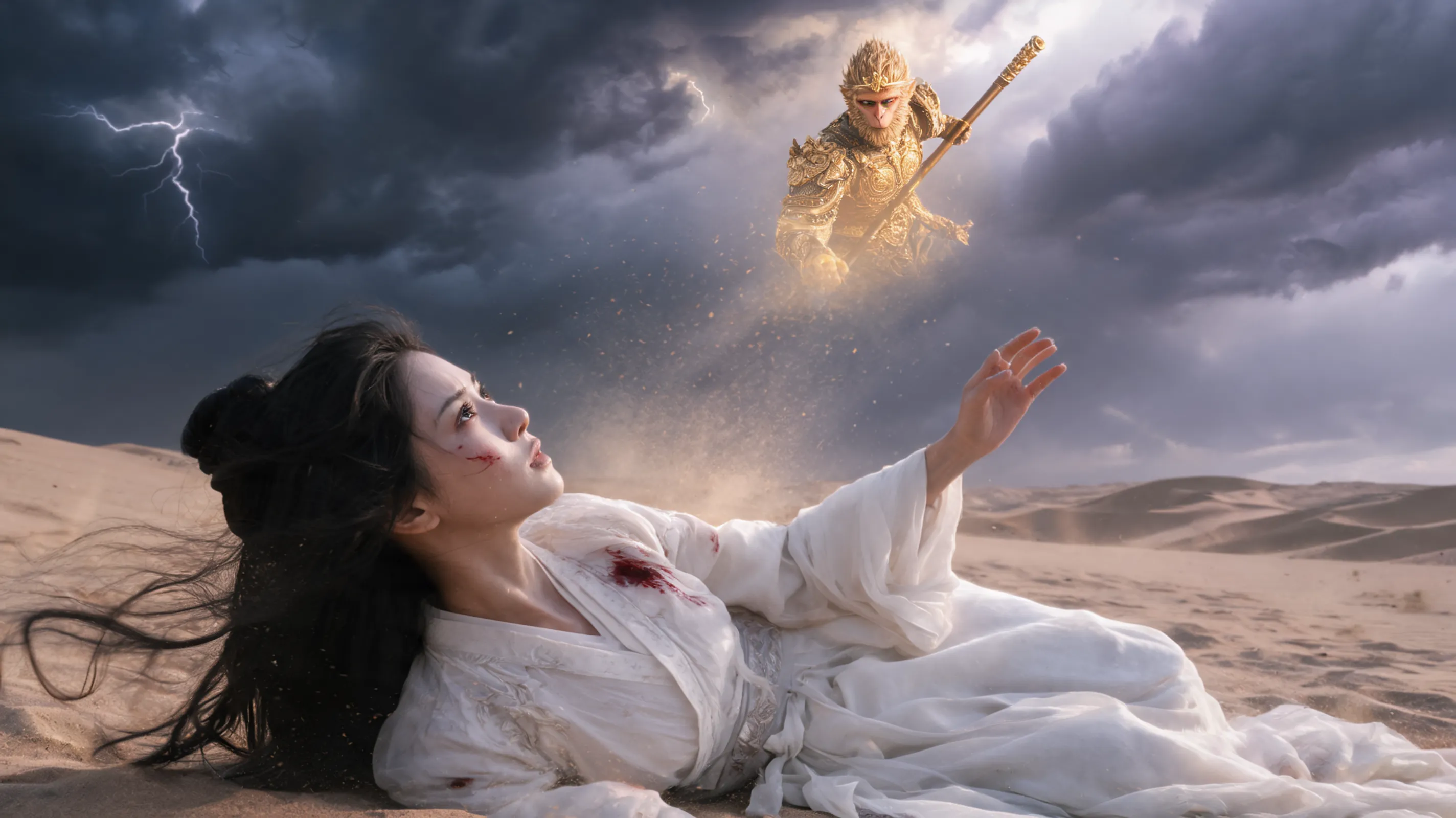 A poignant moment showing a celestial woman in white ancient Chinese robes (Lin Zixia) lying wounded, looking up with longing eyes towards a glowing figure in golden armor (Sun Wukong), desolate desert background, flying dust in the air, dramatic dark sky with thunderclouds, emotional tension, tragic romance atmosphere, highly detailed textures, cinematic movie poster style, 16:9 widescreen.