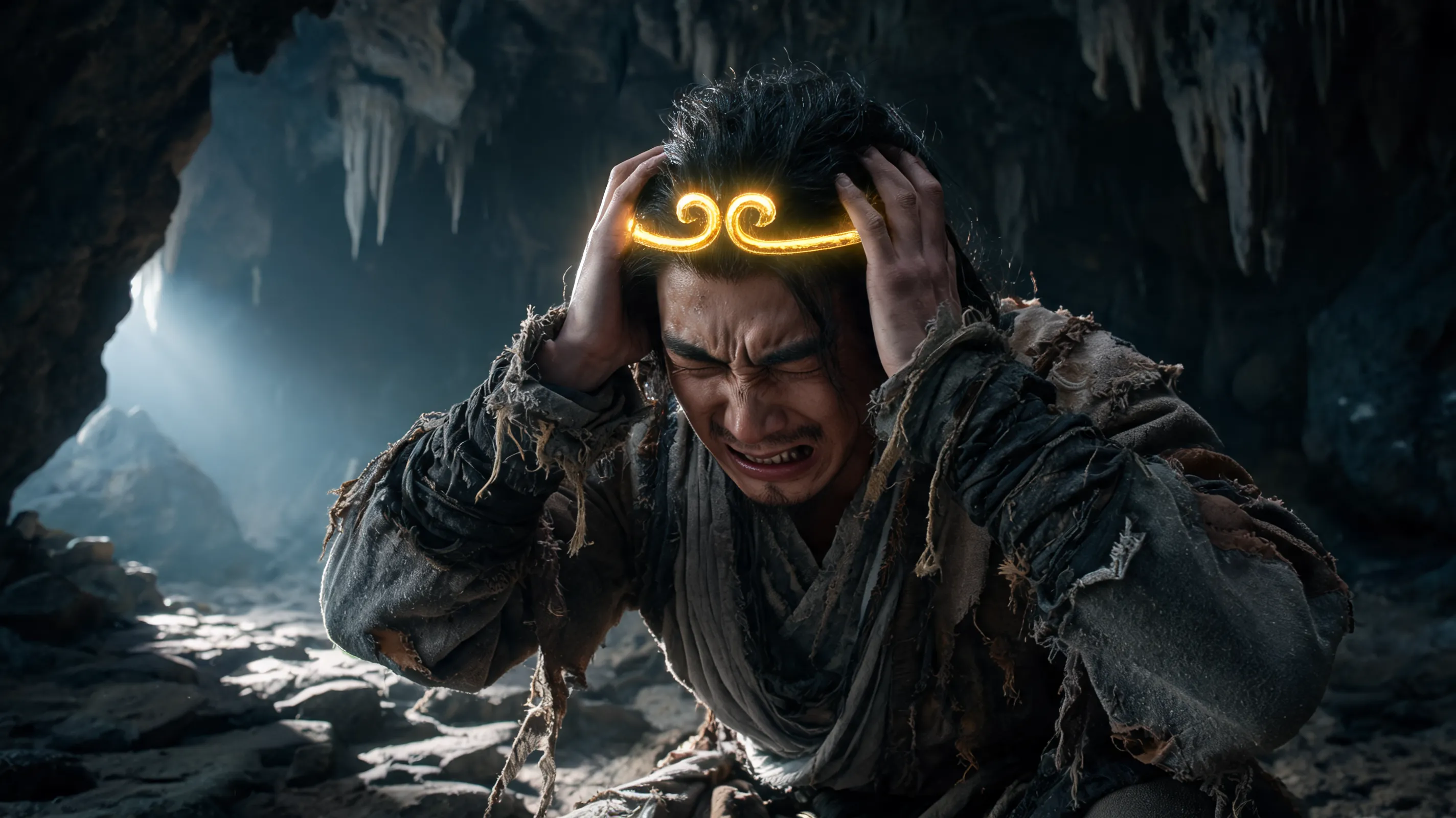 A moody close-up of a monk or warrior figure (Joker/Stephen Chow) in ragged ancient clothing, kneeling on the ground, hands pressed against his head in pain, a golden magic headband glowing brightly around his forehead, ancient Chinese cave setting, dramatic side lighting, intense emotional expression, showing struggle between love and duty, hyper-realistic skin texture, film grain, dramatic contrast.