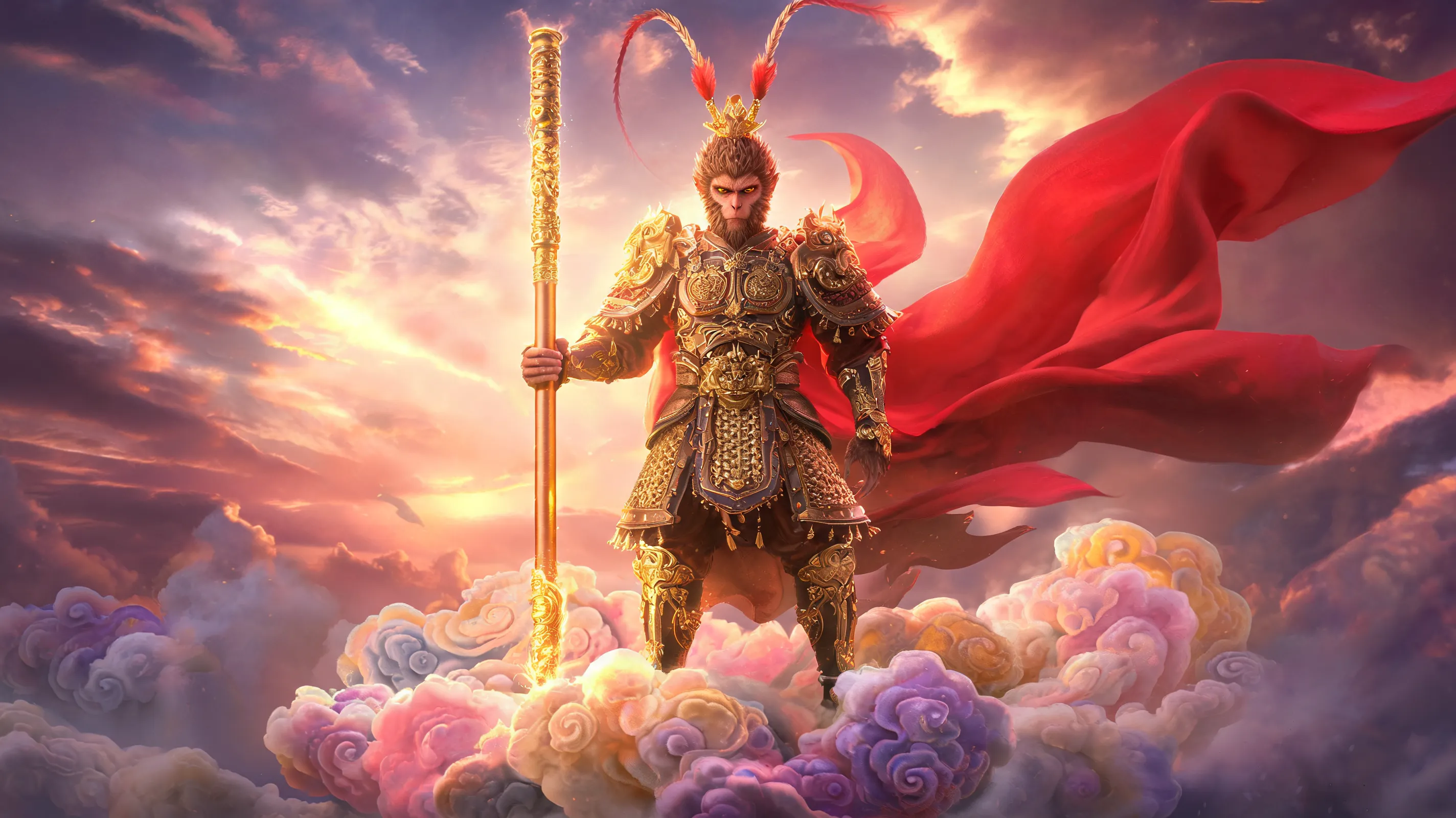 Full body shot of the legendary Monkey King (Sun Wukong) wearing magnificent golden armor and a flowing red cape, standing proudly on colorful auspicious clouds, holding a golden staff (Ruyi Jingu Bang), dramatic sky background with glowing aura, heroic pose, the figure appearing as a towering warrior, fantasy atmosphere, cinematic lighting, dynamic composition, 4k, movie concept art style.