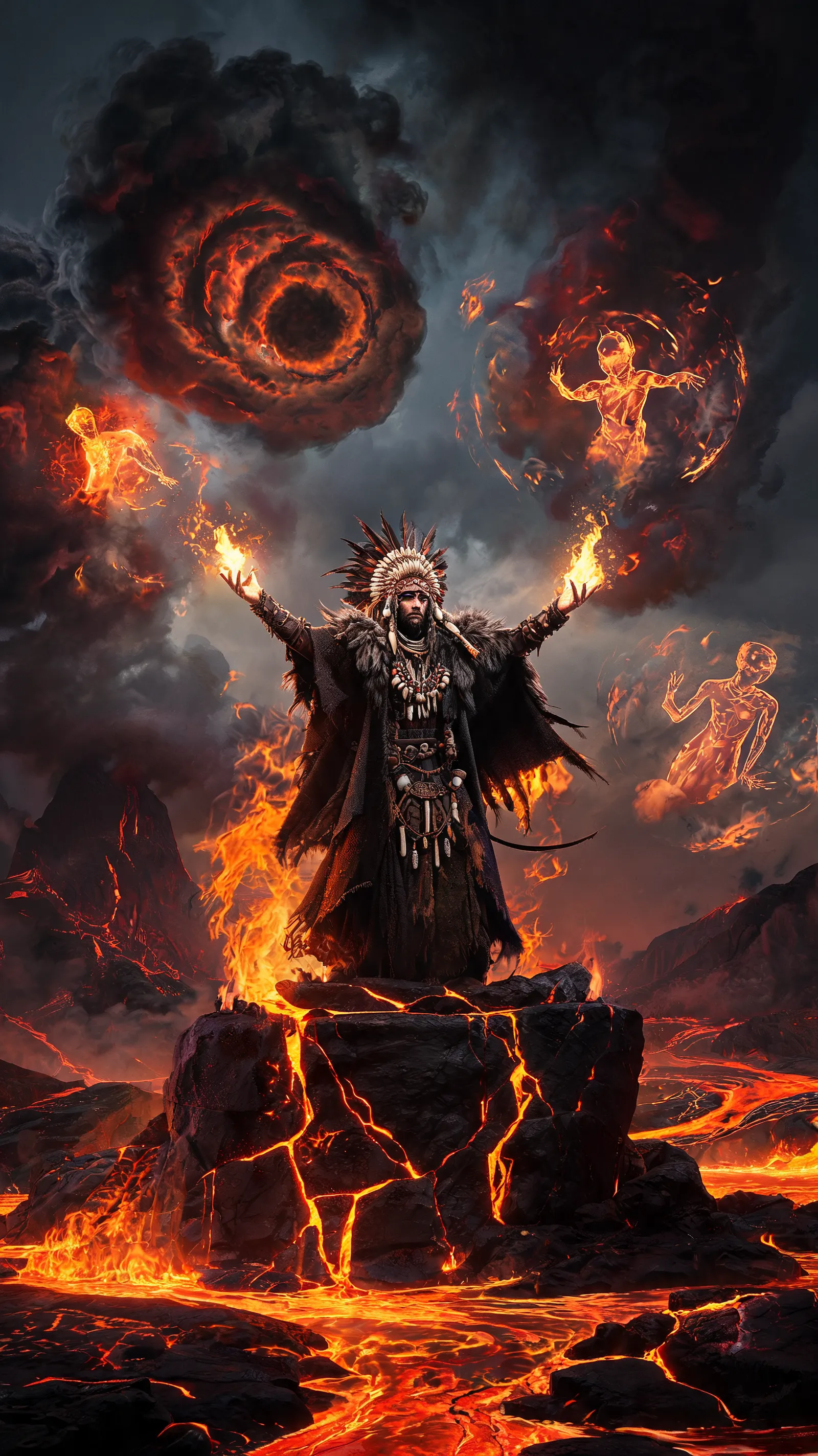 A shaman summoning fire elements on a lava altar, with smoke and flames swirling in the sky.