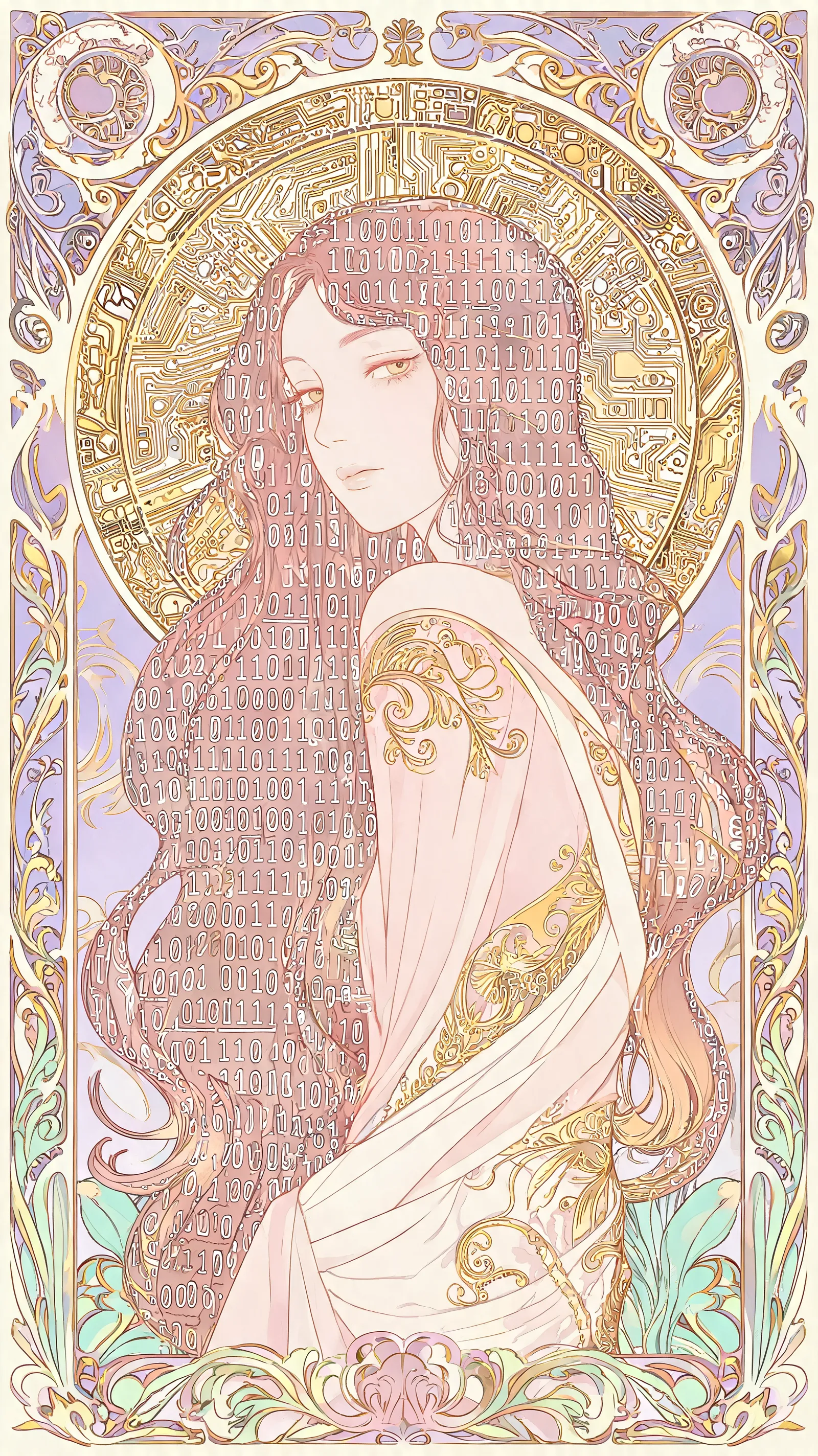 Art Nouveau style personification of Data, in the manner of Alphonse Mucha, flowing hair made of binary code, ornate circular halo of circuit patterns, pastel colors with metallic gold accents, intricate border design