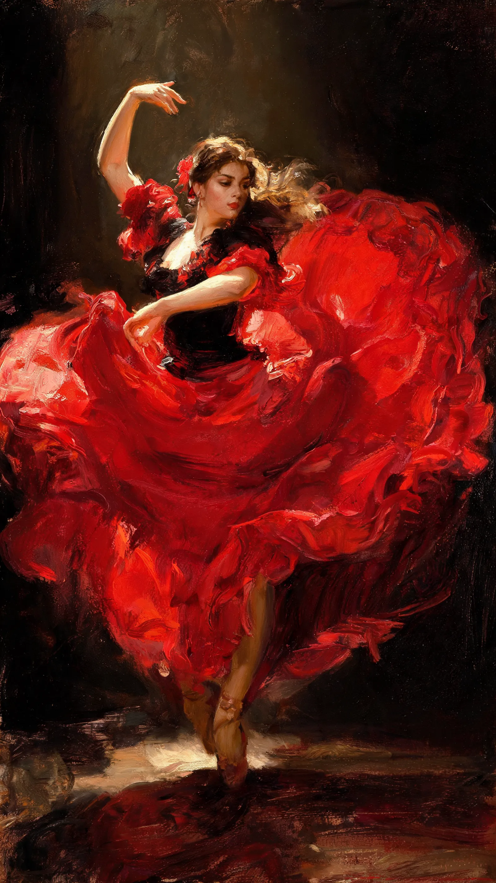 Dynamic oil painting of a flamenco dancer mid-twirl, red dress fabric flowing with movement, dramatic studio lighting emphasizing form and motion, thick impasto technique for the dress texture, dark background with warm spotlight, inspired by John Singer Sargent's portrait style