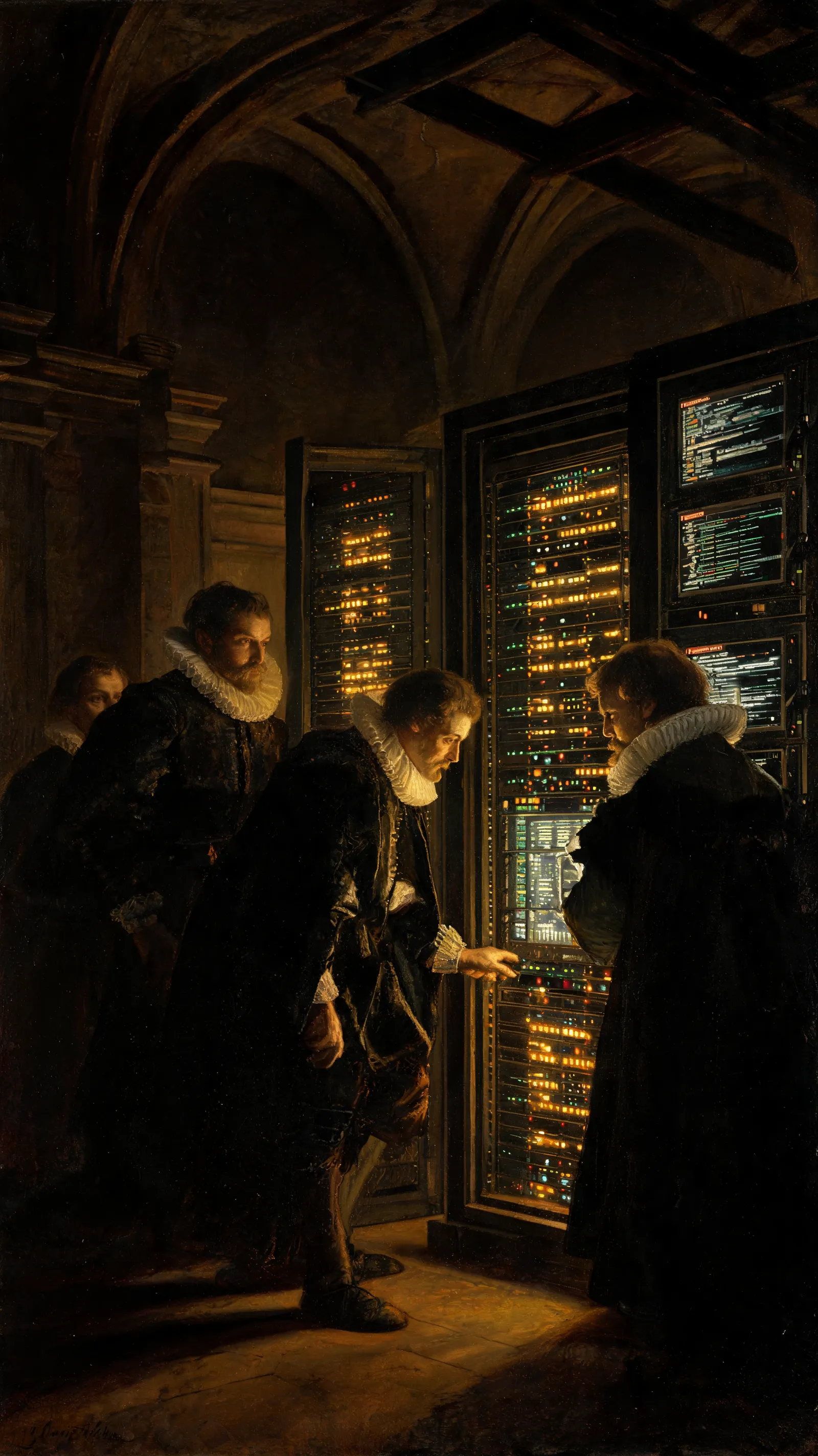 A Renaissance-style oil painting depicting a modern data center, in the style of Rembrandt, dramatic chiaroscuro lighting, servers and screens illuminating faces like candlelight, highly detailed, 8k, masterpiece