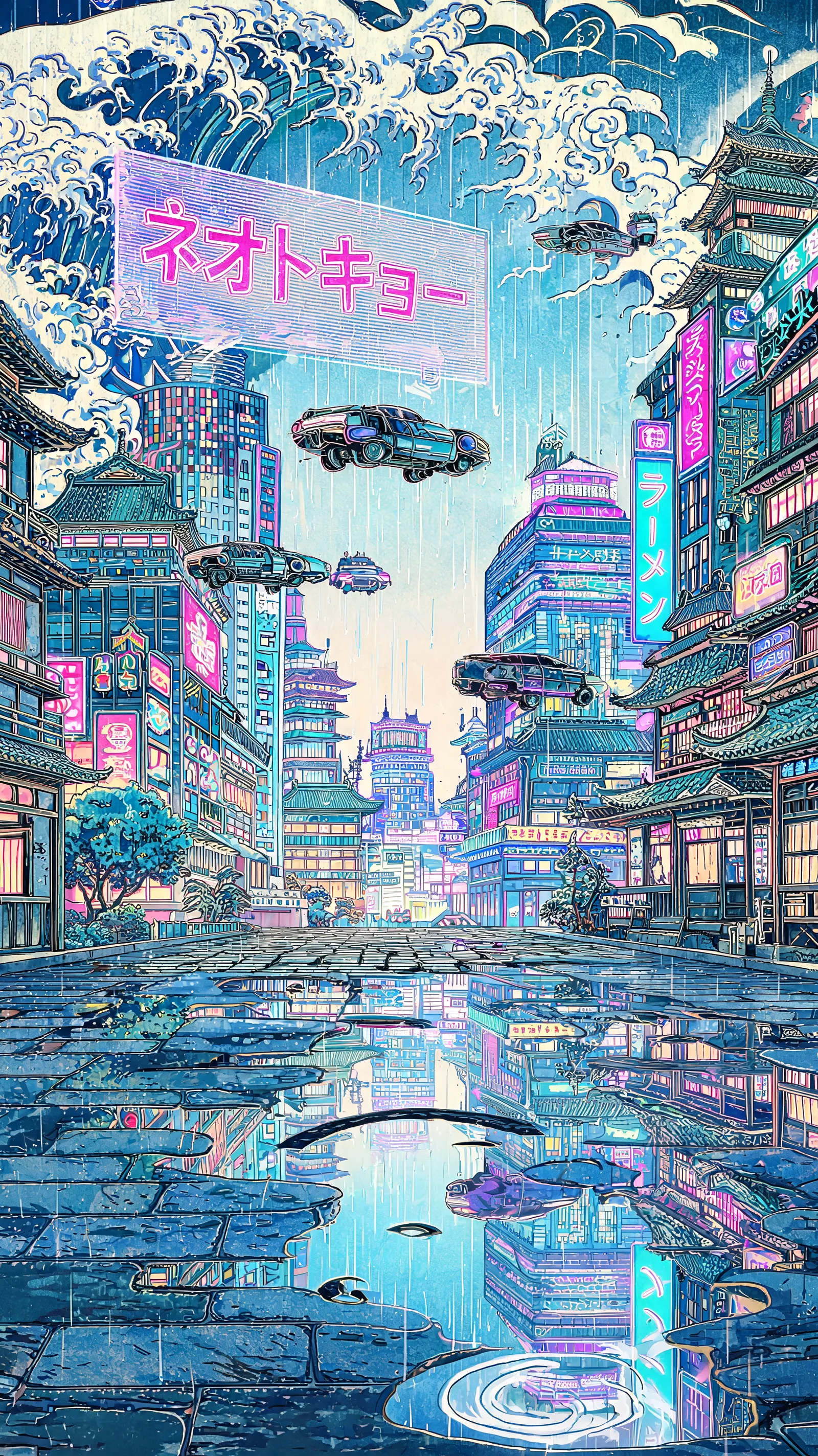 Cyberpunk cityscape in traditional Ukiyo-e style, neon lights reflecting in rain puddles, flying cars and holographic advertisements, in the style of Hokusai, vibrant colors, highly detailed
